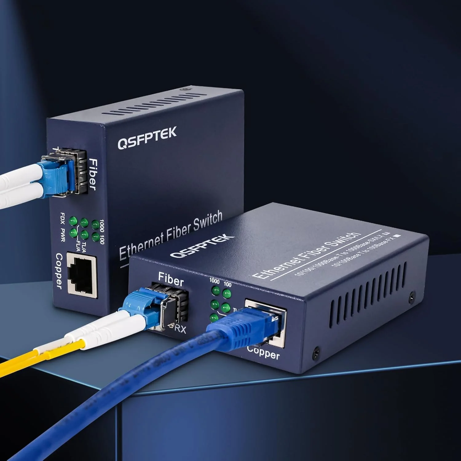 یک جفت مبدل رسانه اترنت گیگابیتی، مبدل رسانه اترنت به فیبر شبکه های 10/100/1000 مگابیت بر ثانیه، به همراه 2 عدد ماژول SFP 1000Base-LX (1.25 گیگابیت بر ثانیه، تک حالته، LC دوتایی، 1310 نانومتر، 20 کیلومتر)