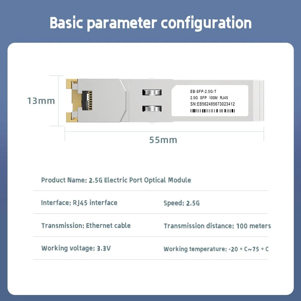 فرستنده و گیرنده فیبر نوری 2.5G SFP-T، ماژول نوری SFP+ به RJ45 مسی، سازگار با Ubiquiti، نصب آسان، قابلیت تعویض سریع، تا فاصله 100 متر