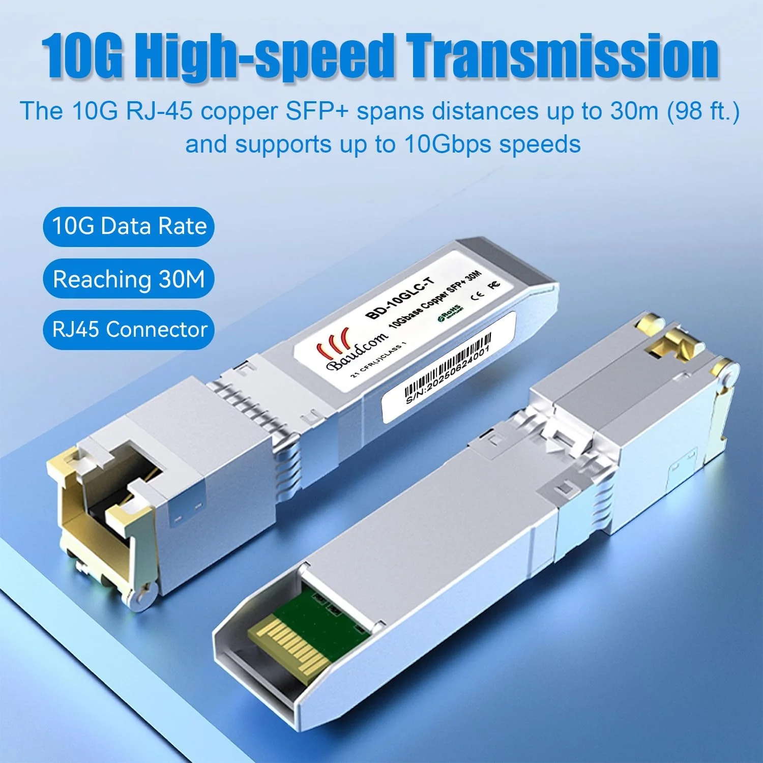 ماژول SFP به RJ45 10G مسی 30 متری، فرستنده و گیرنده 10GBase-T SFP+ سازگار با سیسکو SFP-10G-T-S، یوبیکیوتی UniFi UF-RJ45-10G، نت گیر، میکروتیک S+RJ10، تی پی-لینک، دی-لینک، 1 عدد