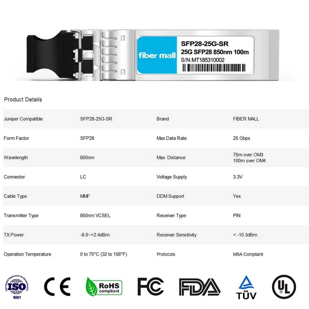 ماژول فرستنده-گیرنده نوری 25G SFP28 SR سازگار با Juniper JNP-SFP-25G-SR، 10/25GBASE-SR SFP28 850nm 100m DOM LC MMF