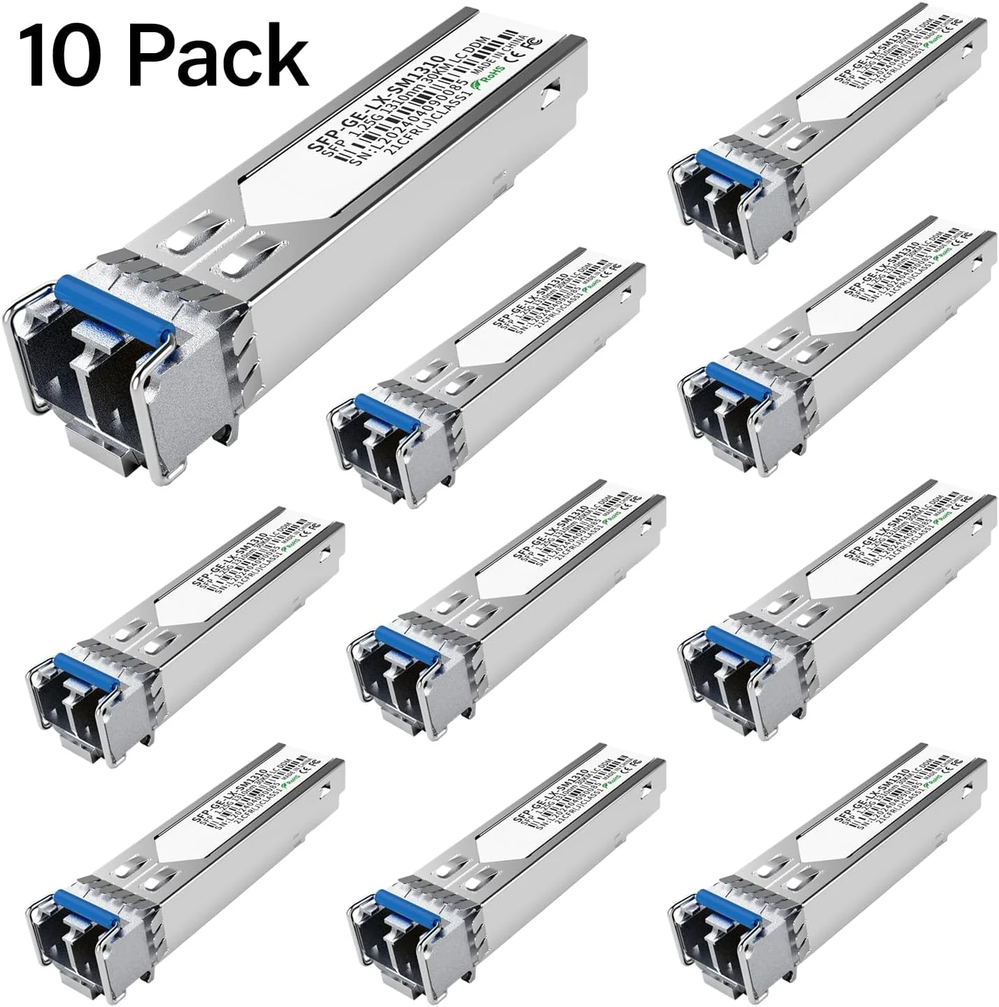 بسته 10 عددی ماژول 1.25G SFP LC فرستنده-گیرنده تک حالته 1000Base-LX (SMF، 1310 نانومتر، 20 کیلومتر، DDM) - سازگار با Cisco GLC-LH-SMD، Ubiquiti UniFi، Meraki، Fortinet، Mikrotik، TP-Link، Netgear، Aruba و غیره