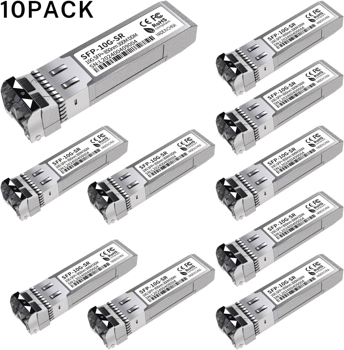 پک 10 عددی ماژول SFP+ LC 10G، فرستنده و گیرنده اترنت چند حالته 10GBase-SR، MMF 850 نانومتری تا 400 متر – سازگار با سیسکو، مراکی، یوبیکیوتی، میکروتیک، نت گیر، اچ پی ای، تی پی-لینک، آروبا و غیره
