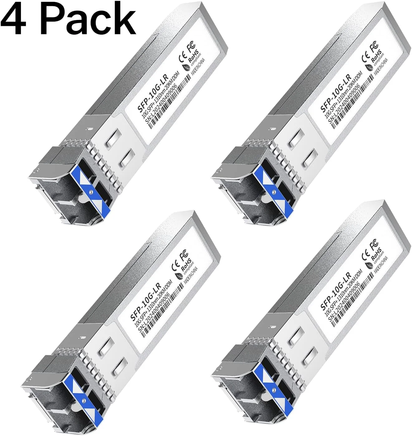 ماژول فرستنده و گیرنده 4 عددی SFP+ LC 10GBase-LR - ماژول تک حالته 10G، سازگار با سیسکو SFP-10G-LR، یوبیکیوتی UF-SM-10G، مراکی، میکروتیک، نت گیر، آروبا، تی پی-لینک و غیره - 1310 نانومتر، SMF، 20 کیلومتر، DDM