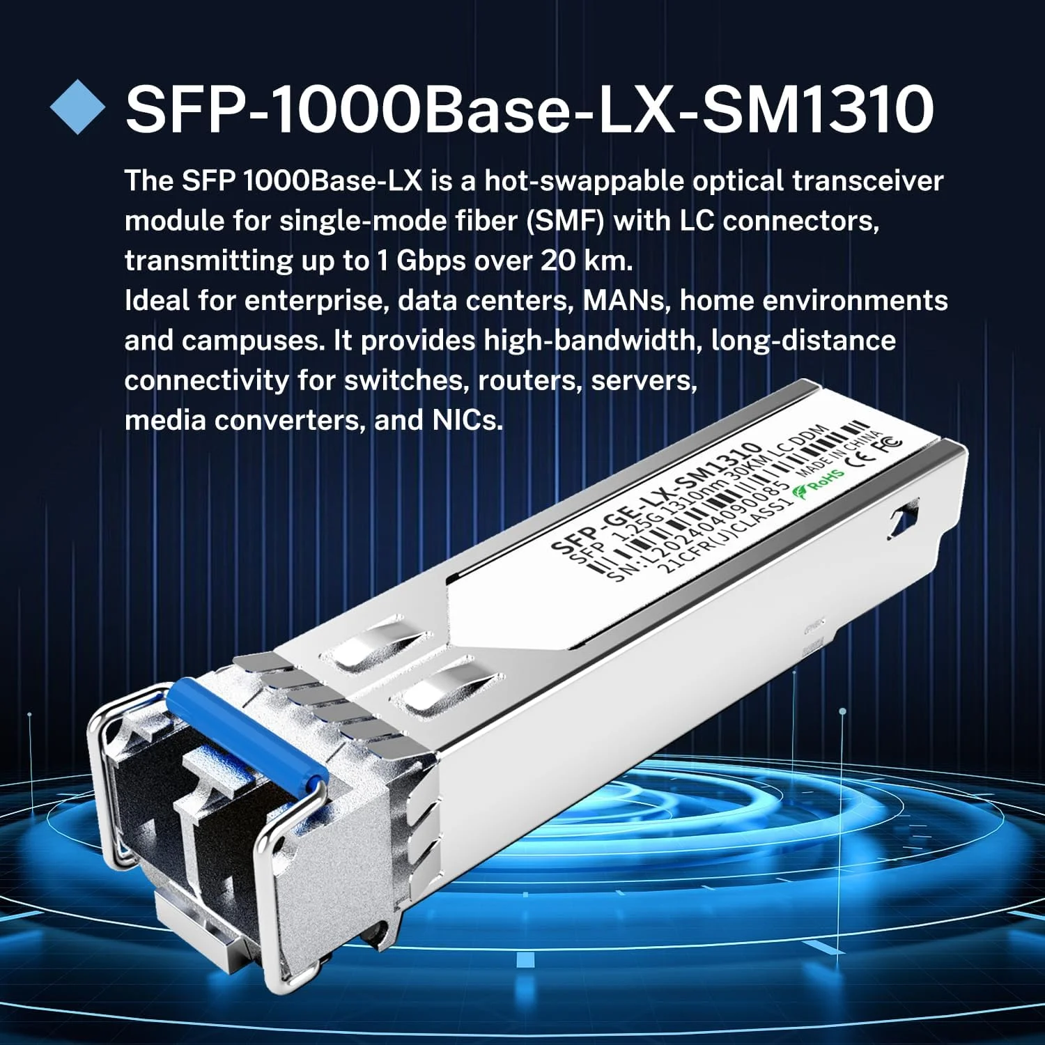 بسته 10 عددی ماژول 1.25G SFP LC فرستنده-گیرنده تک حالته 1000Base-LX (SMF، 1310 نانومتر، 20 کیلومتر، DDM) - سازگار با Cisco GLC-LH-SMD، Ubiquiti UniFi، Meraki، Fortinet، Mikrotik، TP-Link، Netgear، Aruba و غیره