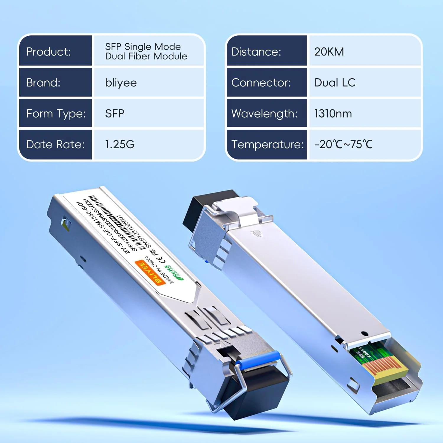 یک جفت ماژول SFP LC تک حالته 1.25G | فرستنده و گیرنده فیبر BiDi 1000Base | اتصال دهنده LC Simplex | 20KM | SMF | 1310/1550nm | DDM برای Cisco GLC-LH-SMD، Ubiquiti، Netgear، D-Link، Supermicro