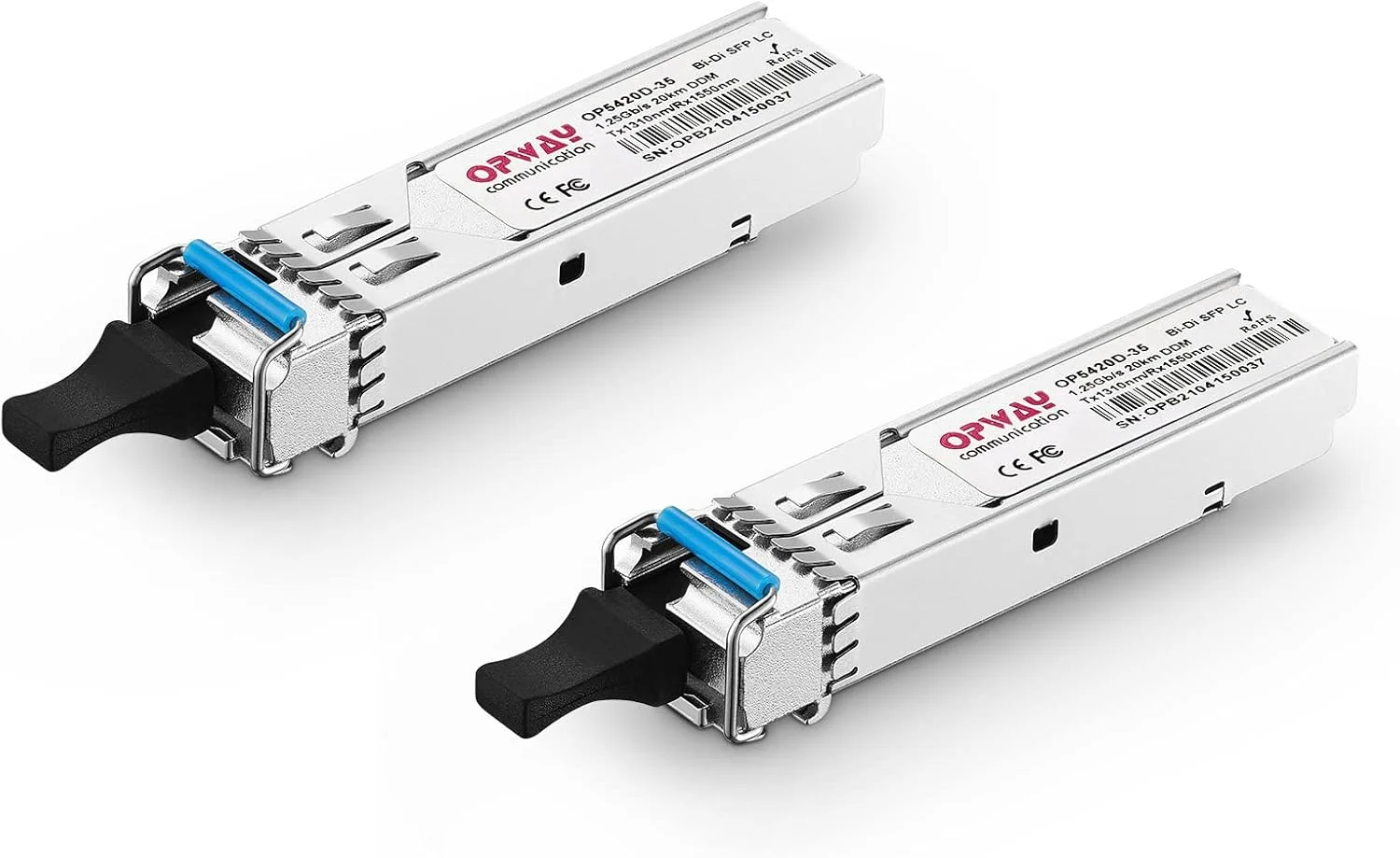 فرستنده و گیرنده دو طرفه SFP با سرعت 1.25 گیگابیت بر ثانیه، کانکتور LC تکی 1310 نانومتر/1550 نانومتر 20 کیلومتر، ماژول اترنت 1000Base-LX برای سیسکو، یوبیکویتی UF-SM-1G، نت گیر، میکروتیک OP5420D-35 (دو عدد در بسته)