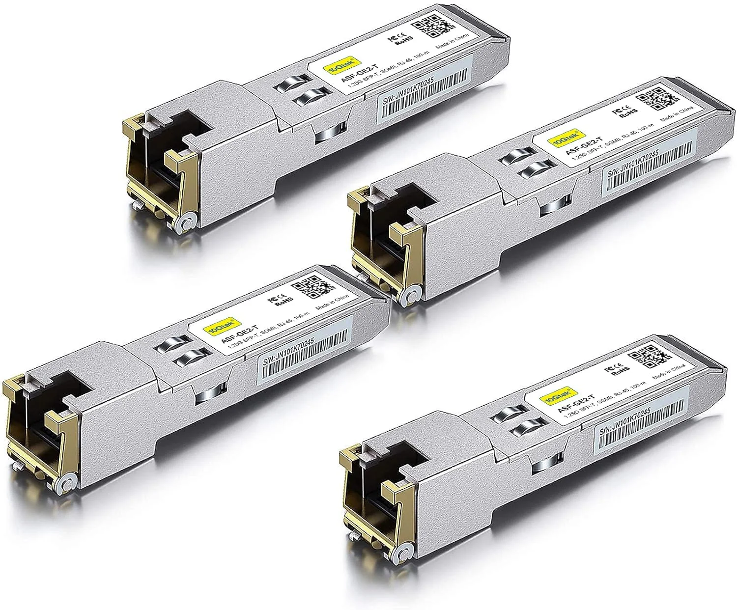 10Gtek فرستنده و گیرنده مسی SFP با سرعت 10/100/1000Base-T، ماژول Mini-GBIC SFP به RJ45 با قابلیت مذاکره خودکار برای Cisco GLC-T/SFP-GE-T، بسته 4 عددی