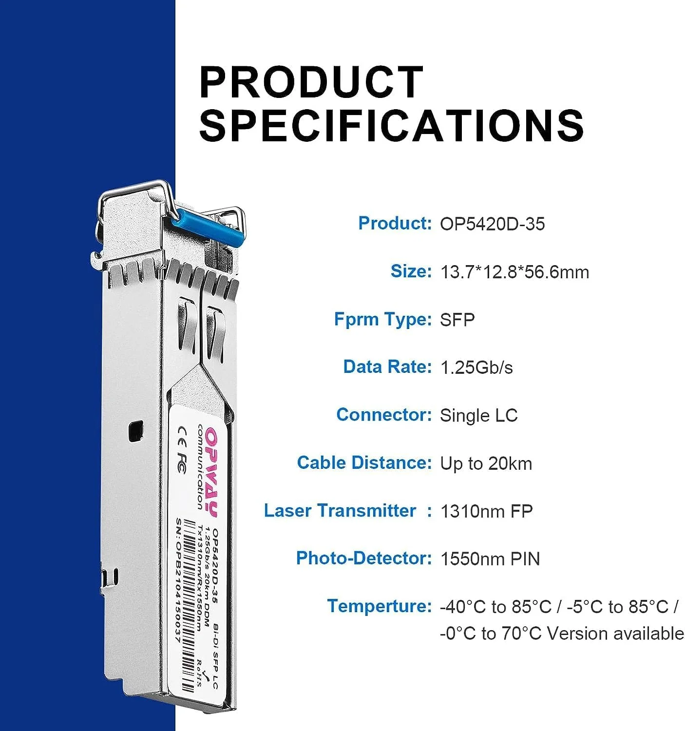 فرستنده و گیرنده دو طرفه SFP با سرعت 1.25 گیگابیت بر ثانیه، کانکتور LC تکی 1310 نانومتر/1550 نانومتر 20 کیلومتر، ماژول اترنت 1000Base-LX برای سیسکو، یوبیکویتی UF-SM-1G، نت گیر، میکروتیک OP5420D-35 (دو عدد در بسته)