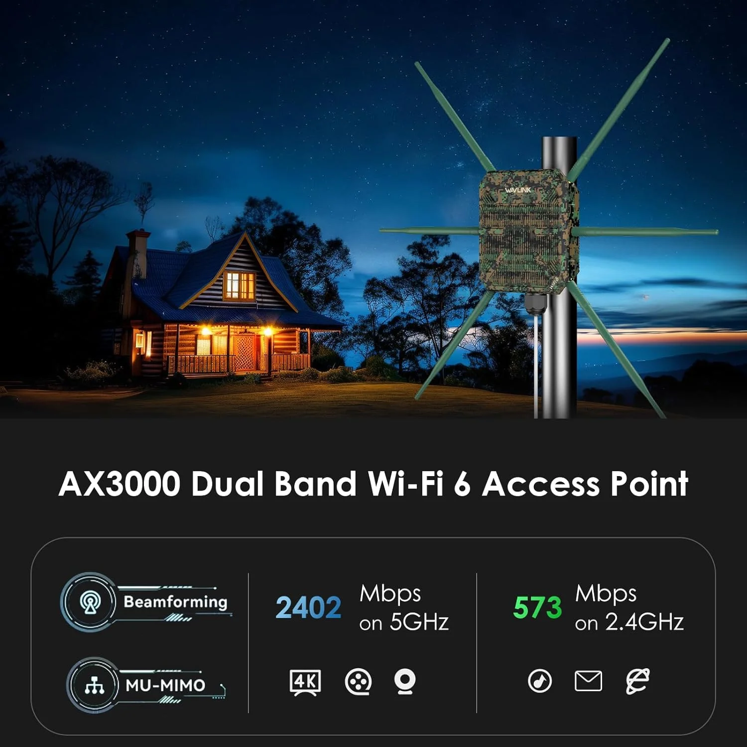 اکستندر وای فای 6 بیرونی WAVLINK AX3000، اکسس پوینت بی سیم بیرونی دو بانده 5G+2.4G، روتر، POE فعال 802.3at، دارای 6 آنتن 7dBi، سازگار با Starlink