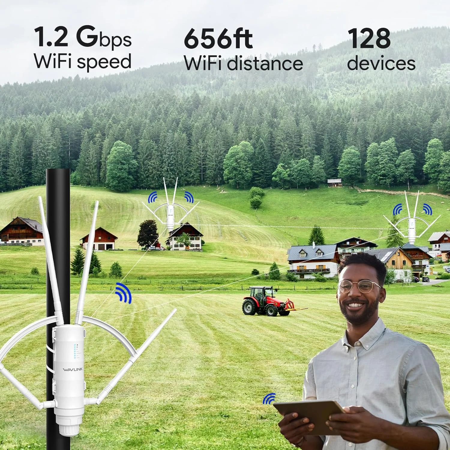 تقویت کننده WiFi بیرونی WAVLINK AC1200، تقویت کننده WiFi بی سیم برد بلند 2026 با PoE، دو بانده، 4 آنتن 7dBi با بهره بالا، پشتیبانی از حالت های مش/AP/تکرار کننده، ضد آب و هوا IP65، سازگار با Starlink