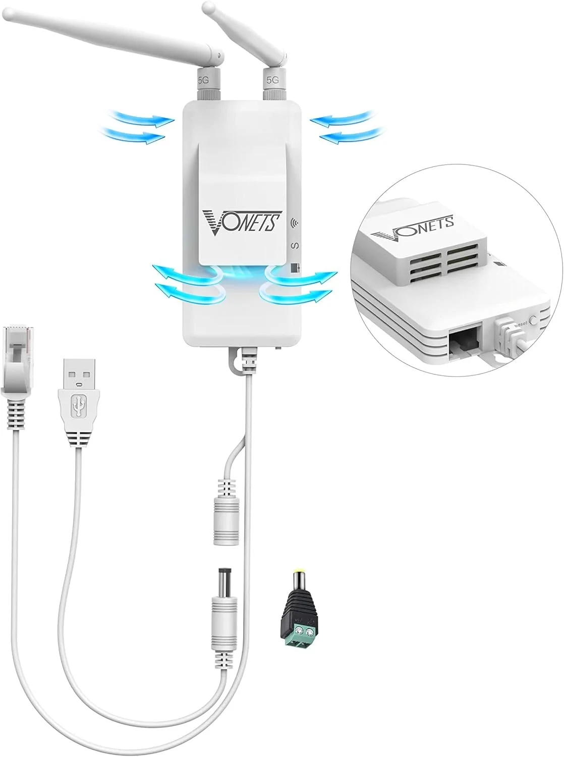 پل شبکه وای فای صنعتی 5 گیگاهرتزی VONETS VAP11S-5G با اسپلیتر اترنت، وای فای RJ45 1 نری به 2 مادگی LAN Cat5 به همراه فن خنک کننده