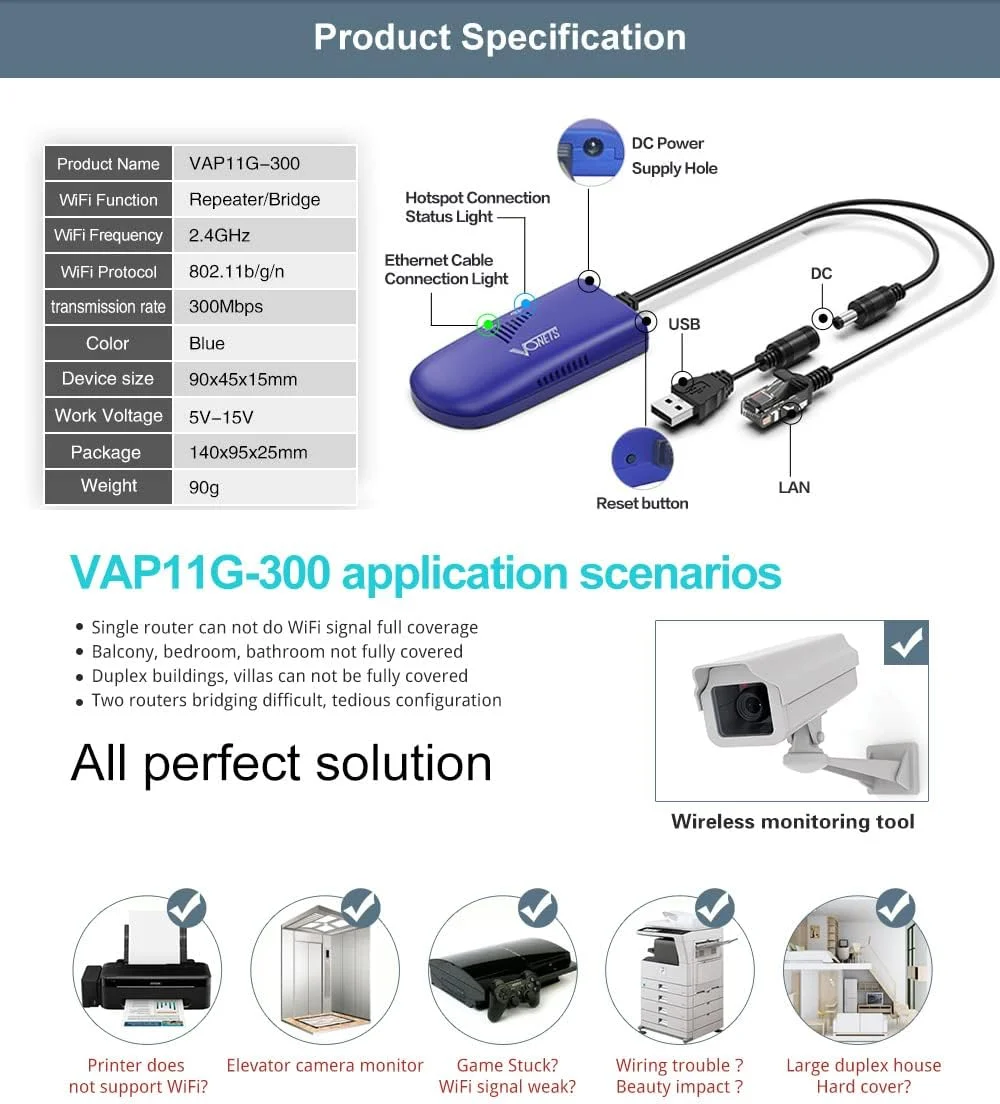 پل وای فای VONETS 2.4GHz، توسعه دهنده سیگنال بی سیم اترنت، نقطه اتصال وای فای RJ45 به مبدل وای فای برای DVR، مانیتورینگ، پرینتر IP، دستگاه شبکه VAP11G-300 به همراه آداپتور برق پل وای فای VONETS 2.4GHz، توسعه دهنده سیگنال بی سیم اترنت، نقطه اتصال وای فای RJ45 به مبدل وای فای برای DVR، مانیتورینگ، پرینتر IP، دستگاه شبکه VAP11G-300 به همراه آداپتور برق