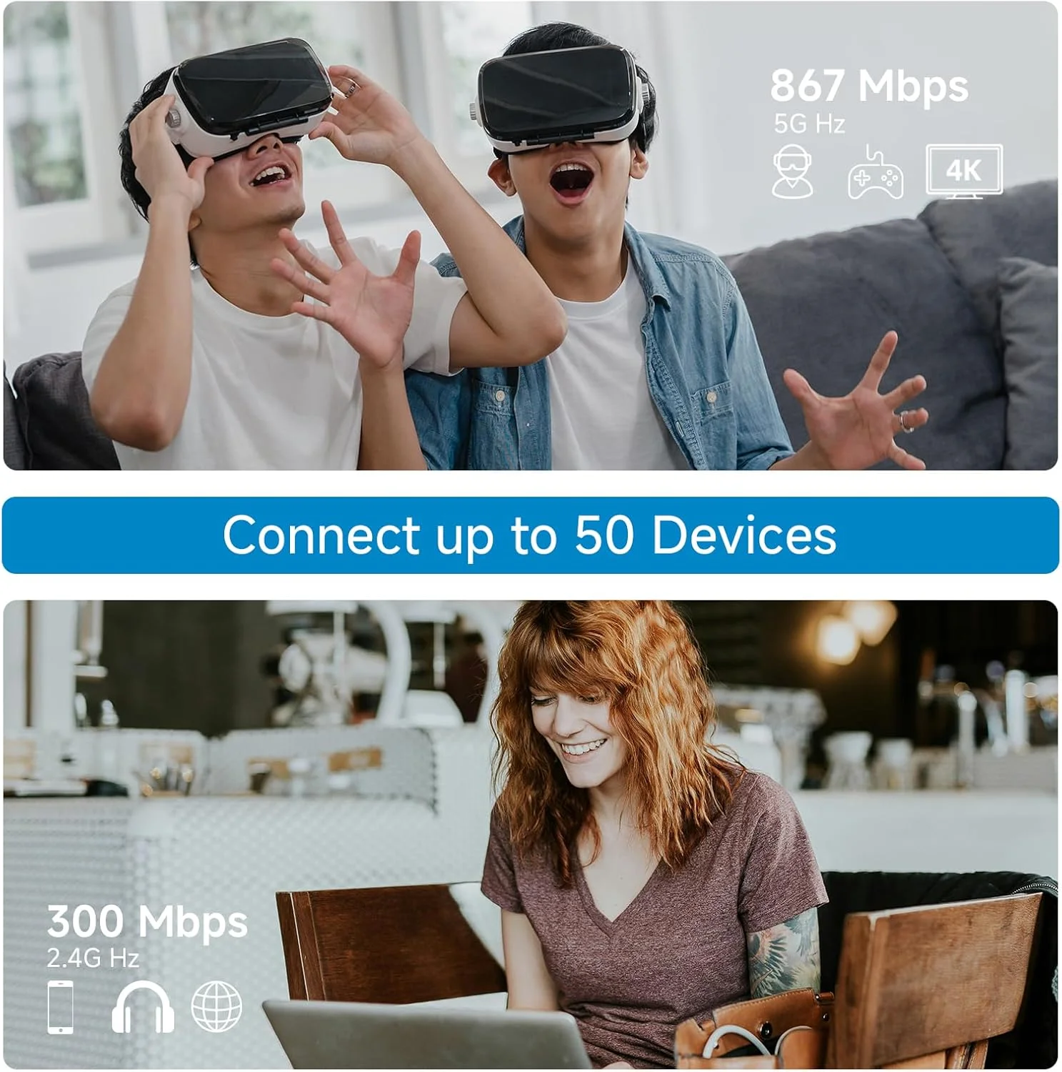 تقویت کننده سیگنال توسعه دهنده وای فای AC1200، پوشش تقویت کننده سیگنال مستقل 4 FEM تا 3500 فوت مربع و 50 دستگاه، توسعه سیگنال دو بانده 1200 مگابیت بر ثانیه با پورت اترنت WAN/LAN RJ45