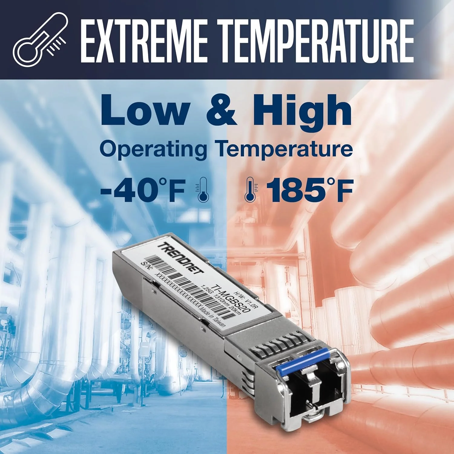 ماژول صنعتی SFP تک حالته LC ترندنت مدل TI-MGBS20، 1000Base-LX (20 کیلومتر)، پشتیبانی مادام العمر
