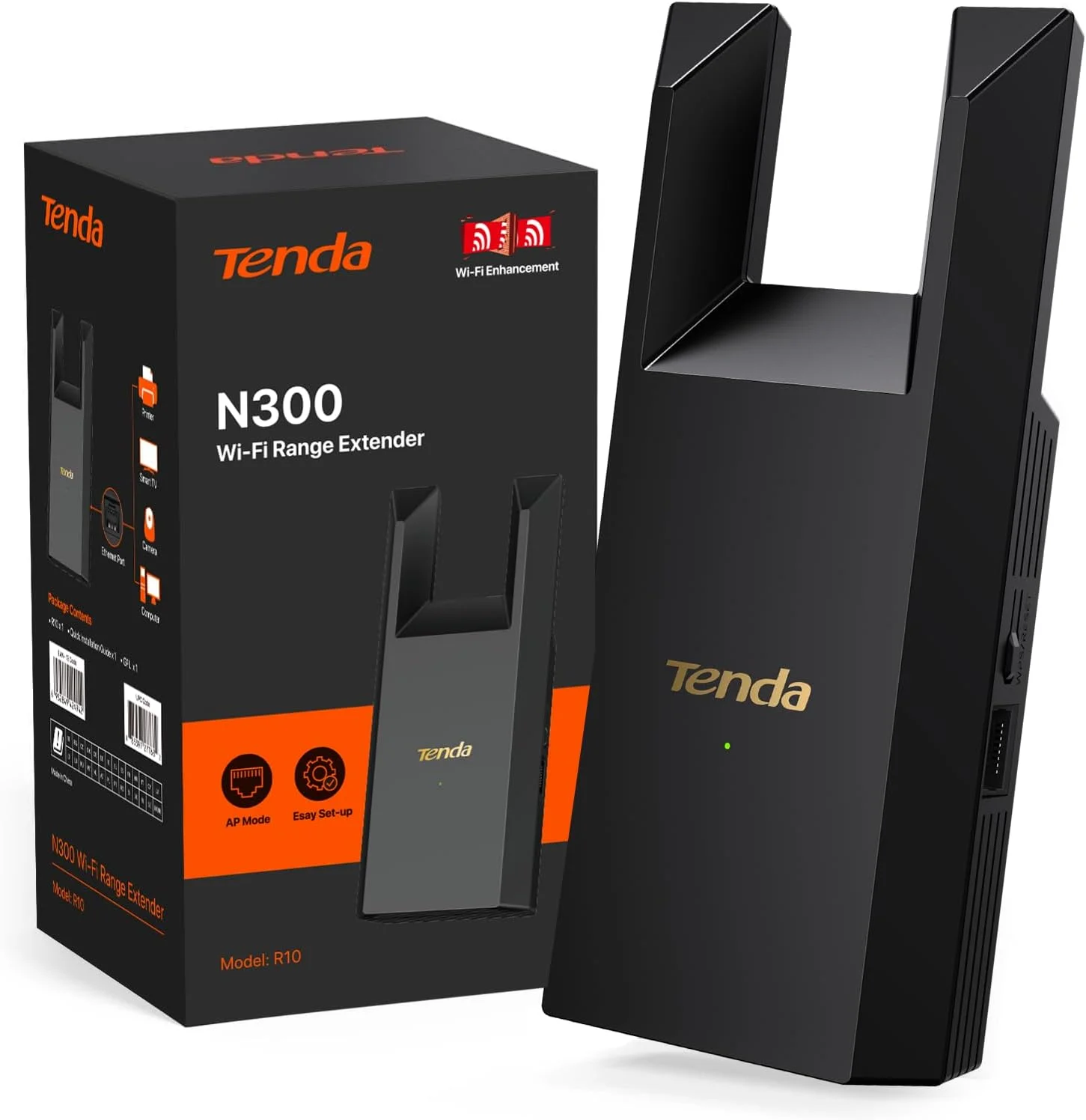 تقویت کننده برد وای فای Tenda N300، با پورت اترنت، پوشش دهی تا 100 متر مربع، تقویت کننده برد وای فای تک بانده، حالت تکرار کننده و حالت AP، نصب آسان، فقط 2.4 گیگاهرتز (R10-BK)