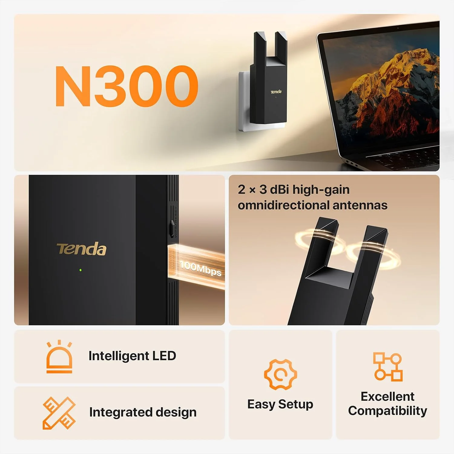 تقویت کننده برد وای فای Tenda N300، با پورت اترنت، پوشش دهی تا 100 متر مربع، تقویت کننده برد وای فای تک بانده، حالت تکرار کننده و حالت AP، نصب آسان، فقط 2.4 گیگاهرتز (R10-BK)