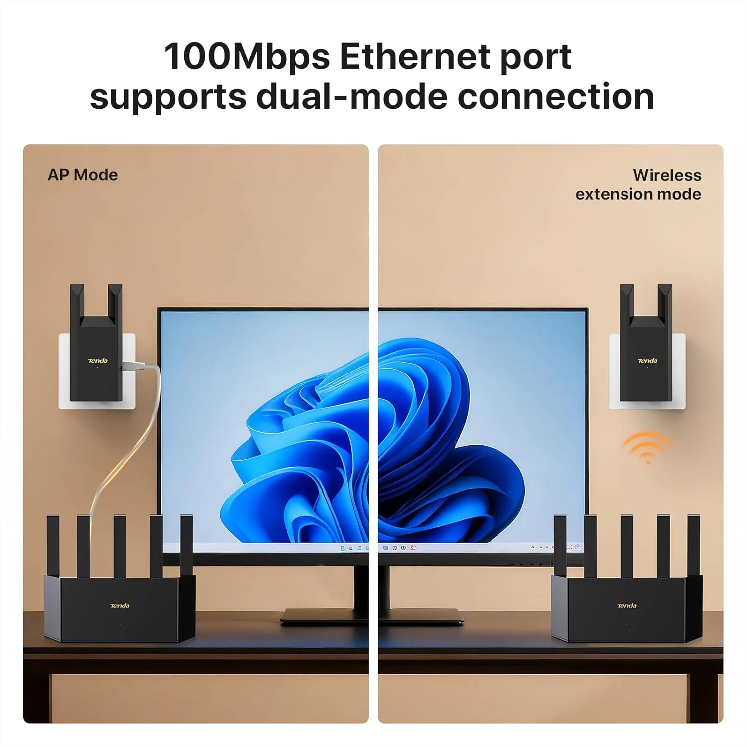 تقویت کننده برد وای فای Tenda N300، با پورت اترنت، پوشش دهی تا 100 متر مربع، تقویت کننده برد وای فای تک بانده، حالت تکرار کننده و حالت AP، نصب آسان، فقط 2.4 گیگاهرتز (R10-BK)