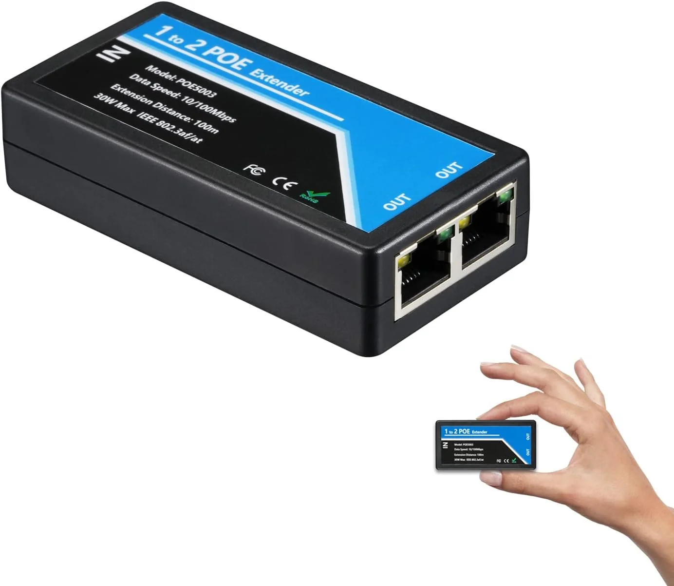 تکرار کننده POE دو پورت Revotech، توسعه دهنده 100 متری، 1 ورودی 2 خروجی، مطابق با استاندارد IEEE 802.3af/at، سرعت 10/100 مگابیت بر ثانیه برای دوربین های POE امنیتی از طریق کابل های Cat5/Cat6 یا UTP (POE5003)