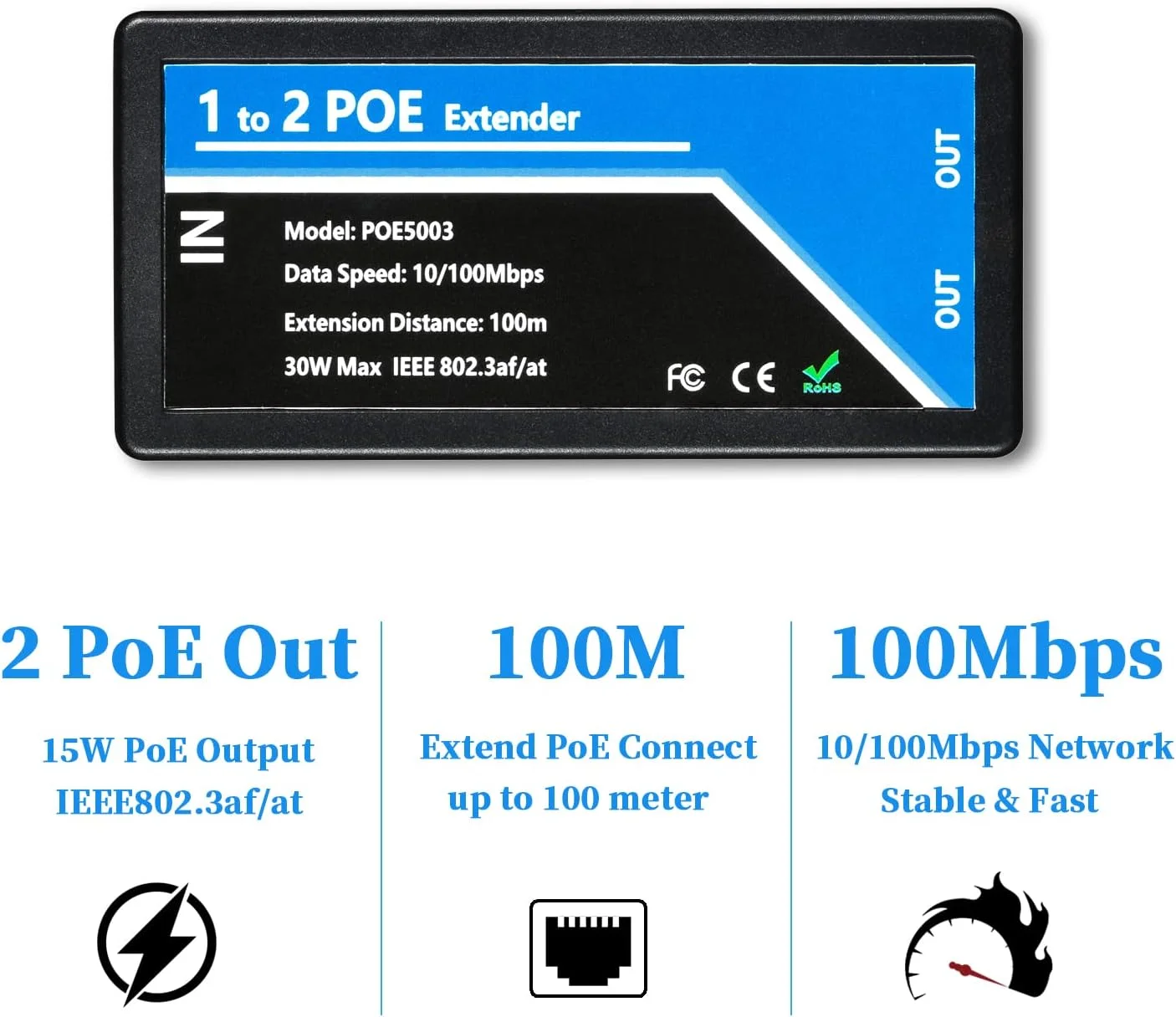 تکرار کننده POE دو پورت Revotech، توسعه دهنده 100 متری، 1 ورودی 2 خروجی، مطابق با استاندارد IEEE 802.3af/at، سرعت 10/100 مگابیت بر ثانیه برای دوربین های POE امنیتی از طریق کابل های Cat5/Cat6 یا UTP (POE5003)