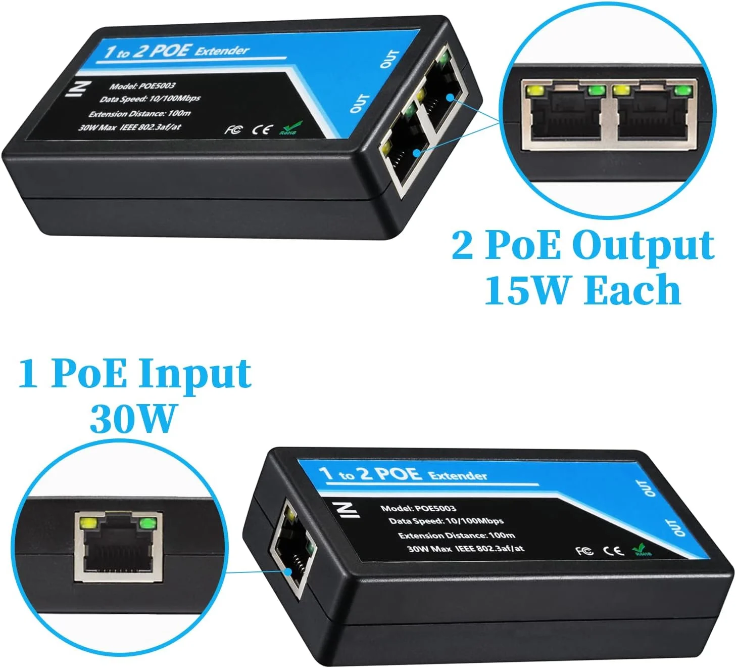 تکرار کننده POE دو پورت Revotech، توسعه دهنده 100 متری، 1 ورودی 2 خروجی، مطابق با استاندارد IEEE 802.3af/at، سرعت 10/100 مگابیت بر ثانیه برای دوربین های POE امنیتی از طریق کابل های Cat5/Cat6 یا UTP (POE5003)