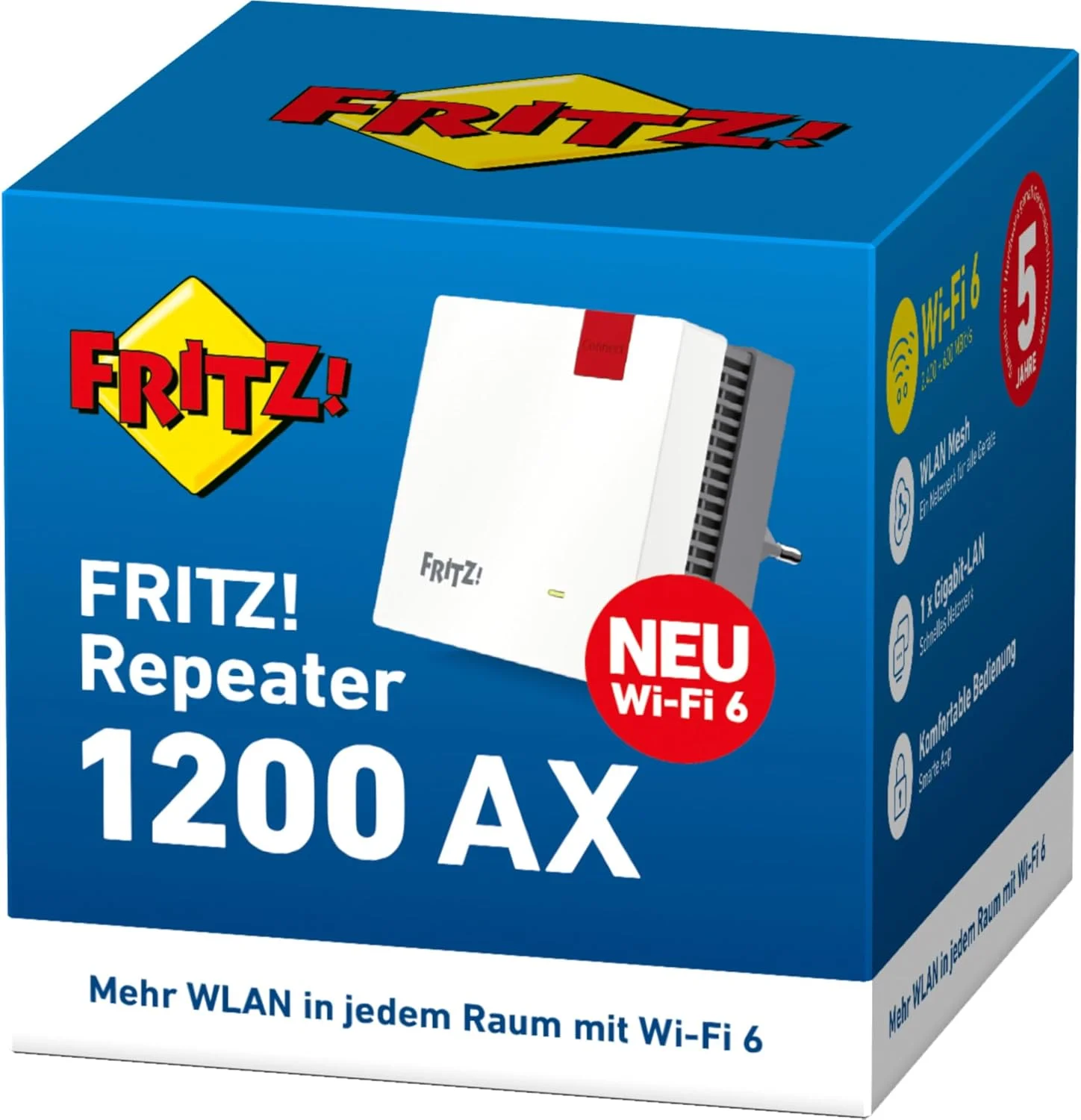 تکرار کننده SONO Fritz! 1200 AX (تکرار کننده Wi-Fi 6) مجهز به دو واحد رادیویی (باند 5 گیگاهرتز (تا 2400 مگابیت بر ثانیه)، باند 2.4 گیگاهرتز (تا 600 مگابیت بر ثانیه)، نسخه آلمانی)