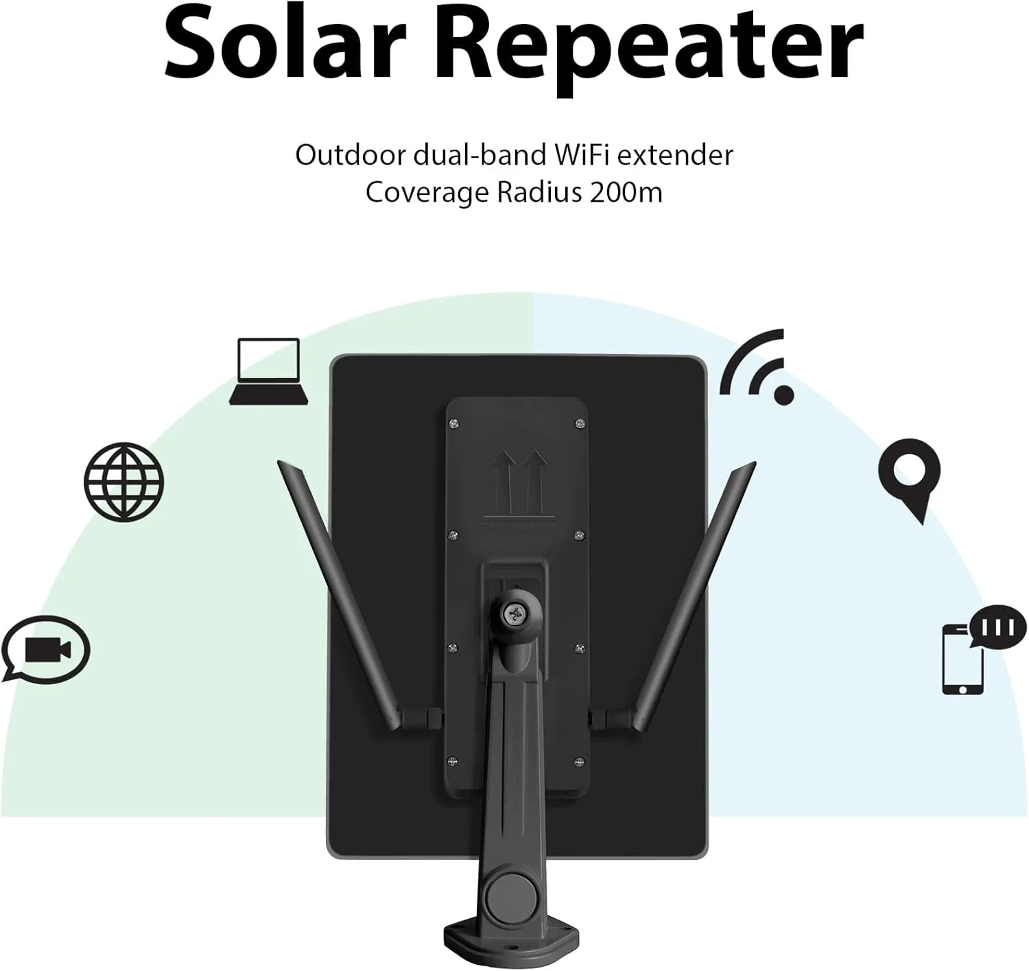 تقویت کننده وای فای خورشیدی، توسعه دهنده وای فای با باتری خورشیدی برای فضای باز، تقویت کننده سیگنال بی سیم 2.4 گیگاهرتز، سرعت 300 مگابیت در ثانیه، باتری 26000 میلی آمپر ساعت، ضد آب IP66، برد 200 متر