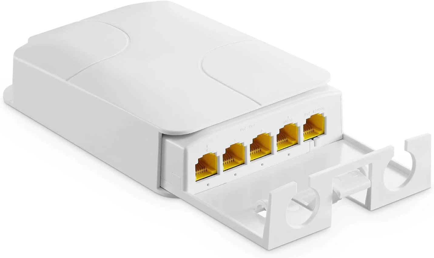 توسعه دهنده PoE گیگابیتی 5 پورت فضای باز، 1 ورودی 4 خروجی PoE+ تکرار کننده، 10/100/1000 مگابیت بر ثانیه، IEEE 802.3 af/at/bt 90W، نصب دیواری ضد آب YuLinca POE سوئیچ عبوری