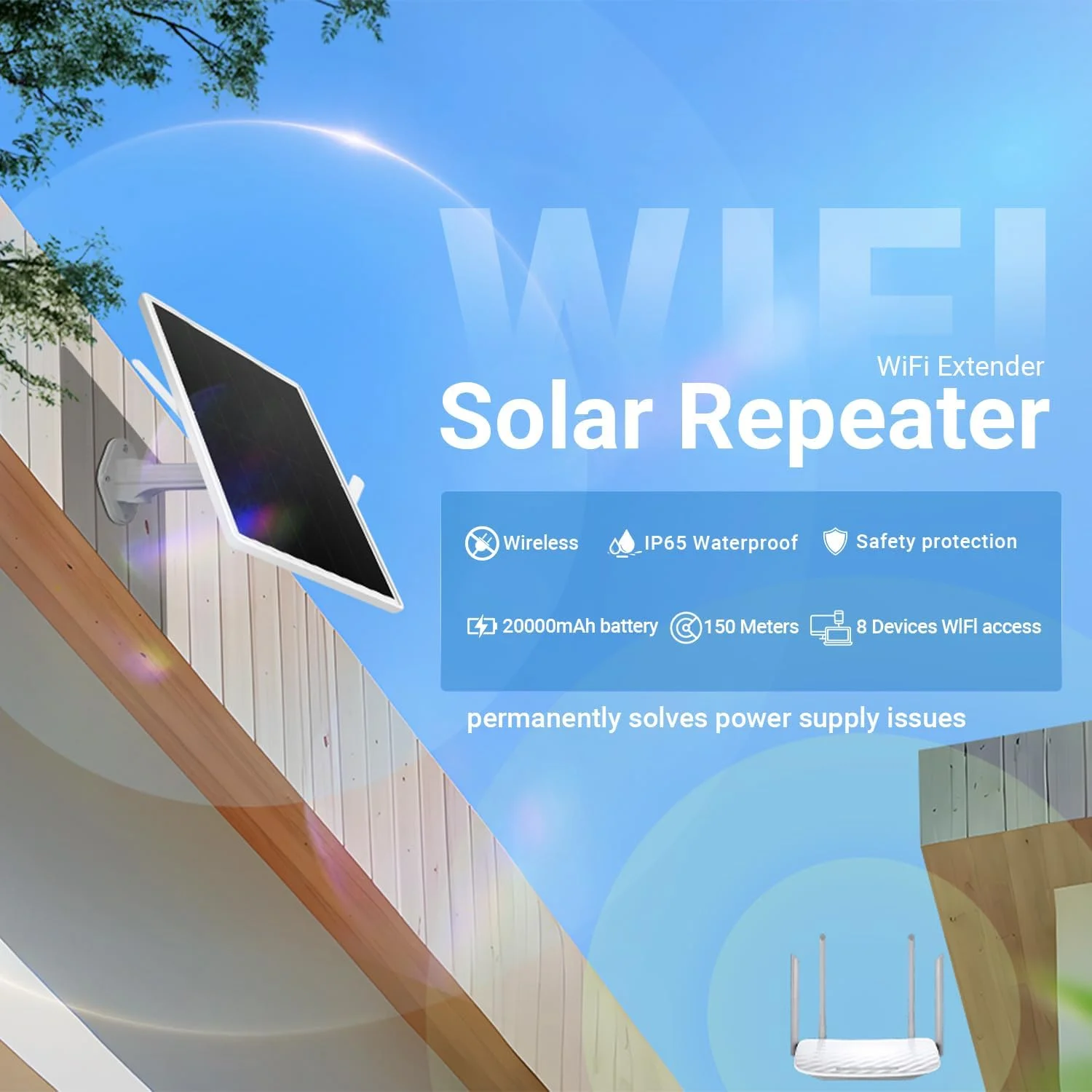 تکرار کننده بیرونی خورشیدی، تقویت کننده سیگنال اینترنت بی سیم 2.4 گیگاهرتزی مقاوم در برابر آب و هوا با انرژی خورشیدی + باتری 20000 میلی آمپر ساعتی - بدون نقاط کور وای فای برای خانه