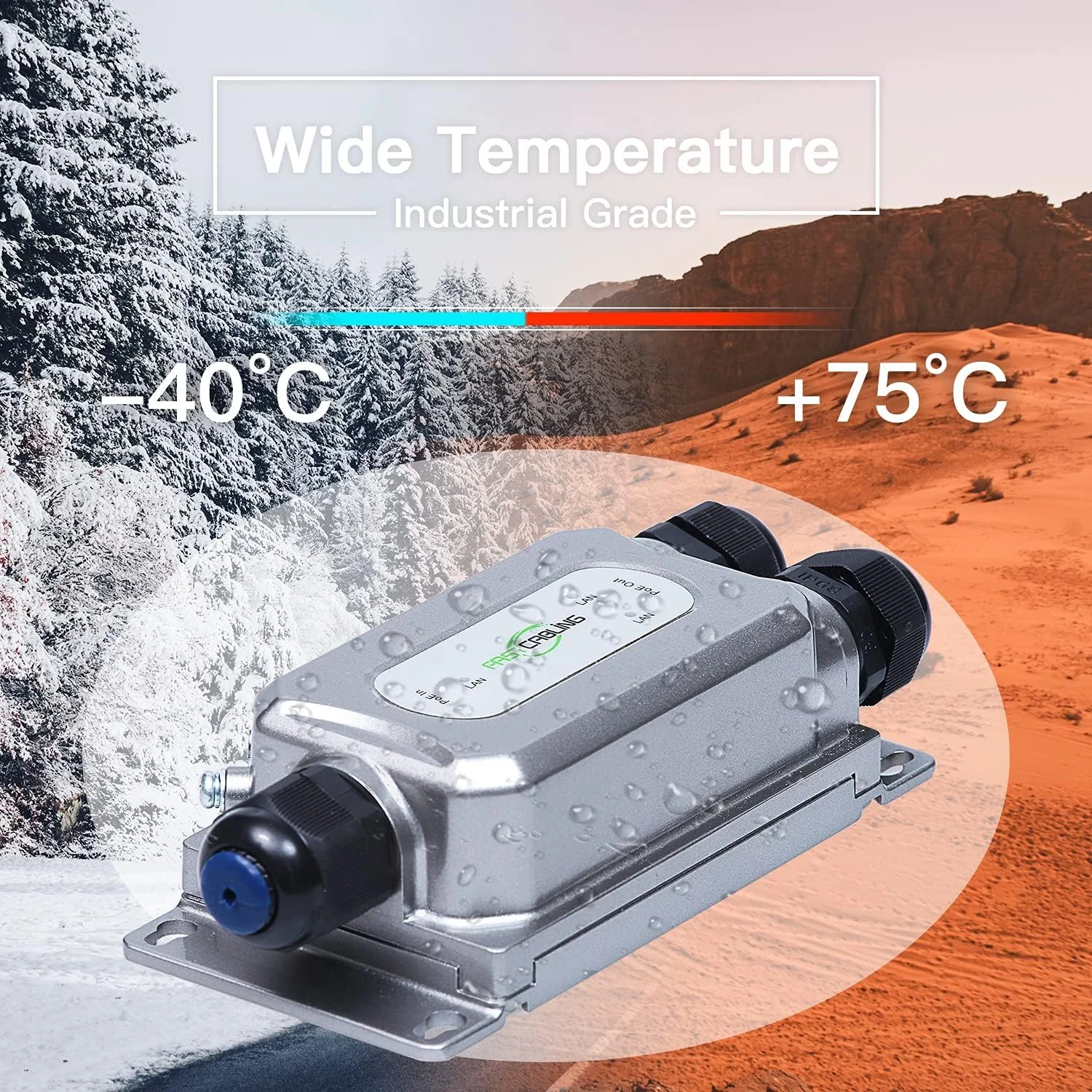 تکرار کننده PoE صنعتی فضای باز ASTCABLING، 2 پورت، 100 متر، ضد آب IP67، دفن مستقیم، گیگابیت اترنت، RJ45 نر، ایده آل برای دوربین های IP و تلفن ها