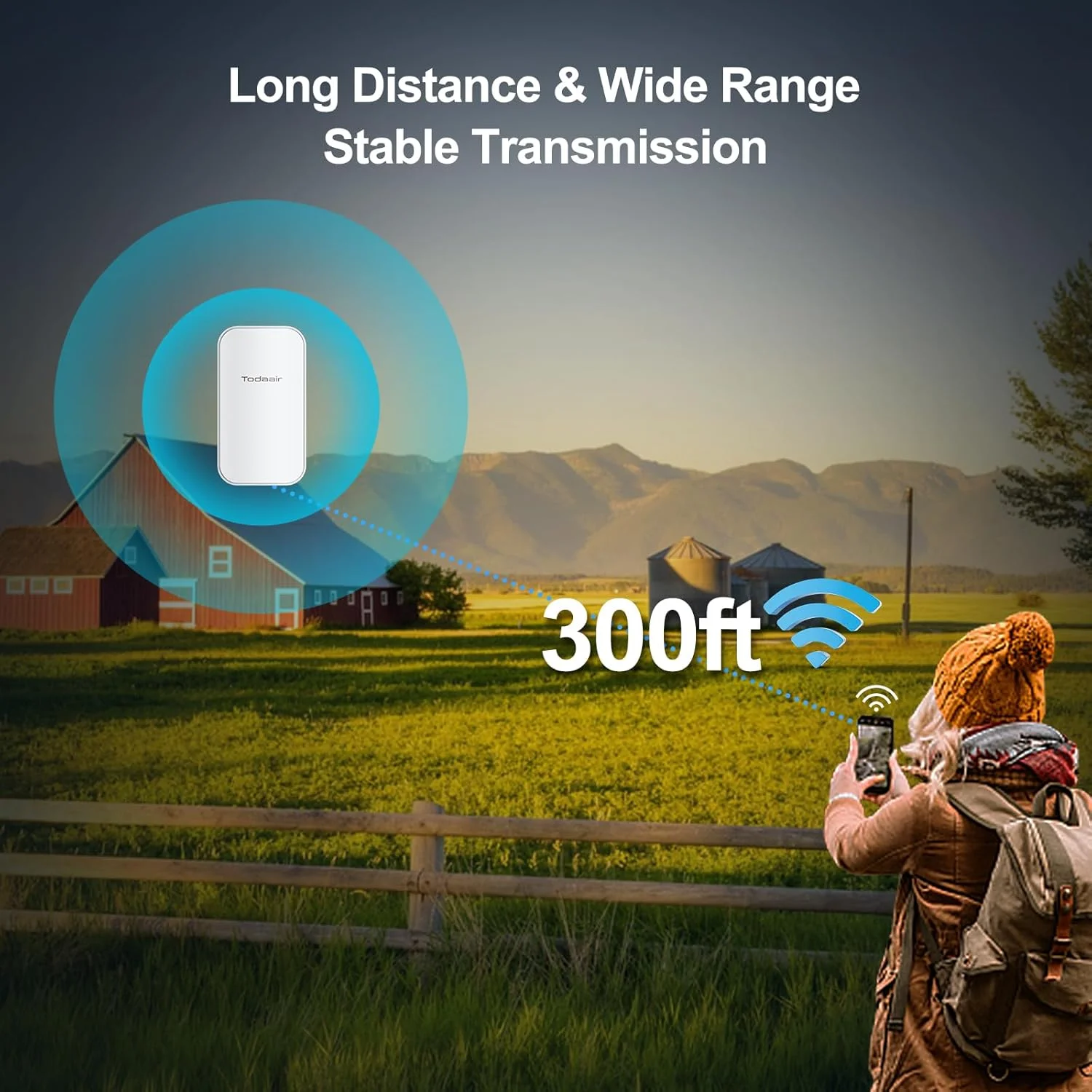 تقویت کننده WiFi بیرونی 2025، تکرار کننده WiFi دو بانده، ضد آب IP65، پوشش دهی حداقل تا 3440 فوت مربع و 30 دستگاه، تکرار کننده سیگنال Wi-Fi برای مزرعه، حیاط، کارخانه