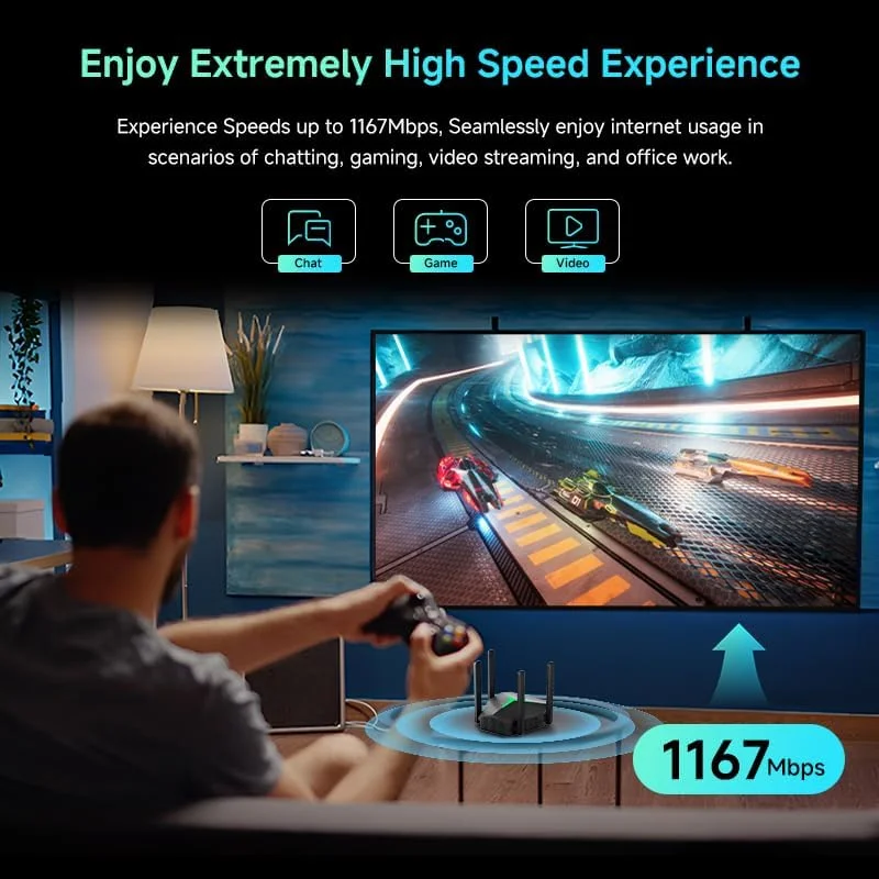 تقویت کننده وای فای دو بانده NPET AC1200 با USB-C، پورت های اترنت گیگابیتی، قابل نصب روی دیوار، پوشش 7000 فوت مربع، باندهای 2.4 گیگاهرتز/5.8 گیگاهرتز، مشکی