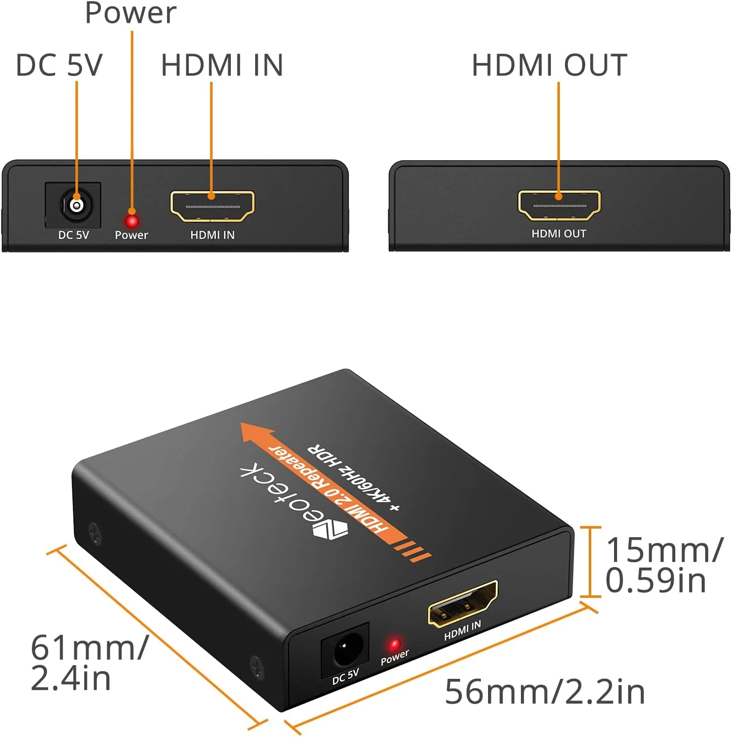 تقویت کننده HDMI 2.0 نئوتک 4K 2160P 3D، افزایش دهنده سیگنال HDMI تا مسافت 60 متری، بدنه فلزی کوچک برای کامپیوتر، DVD، رسیور، PS3، PS4، گیرنده ماهواره