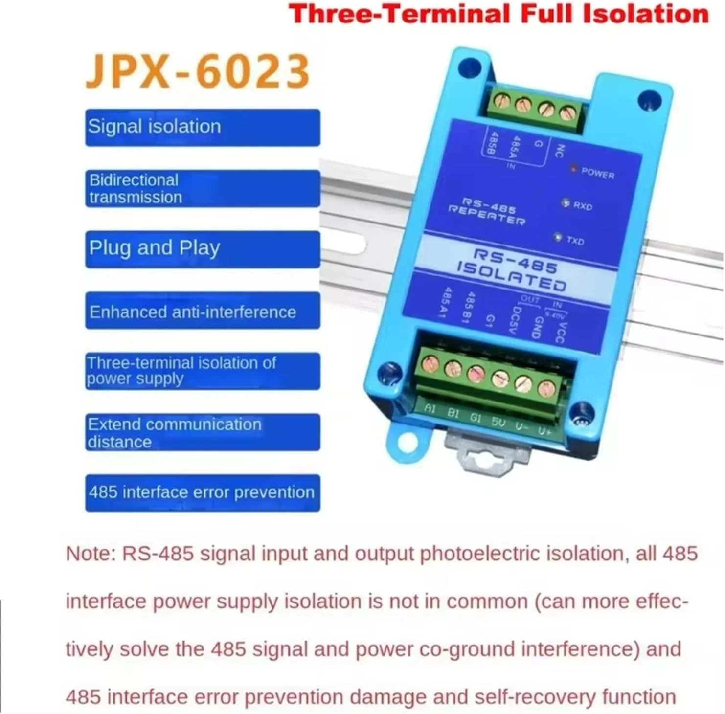 تکرار کننده RS485 ایزوله شده سه ترمیناله با درجه صنعتی، محافظت، تقویت سیگنال و توسعه دهنده ضد تداخل (JPX6023) تکرار کننده RS485 ایزوله شده سه ترمیناله با درجه صنعتی، محافظت، تقویت سیگنال و توسعه دهنده ضد تداخل (JPX6023)