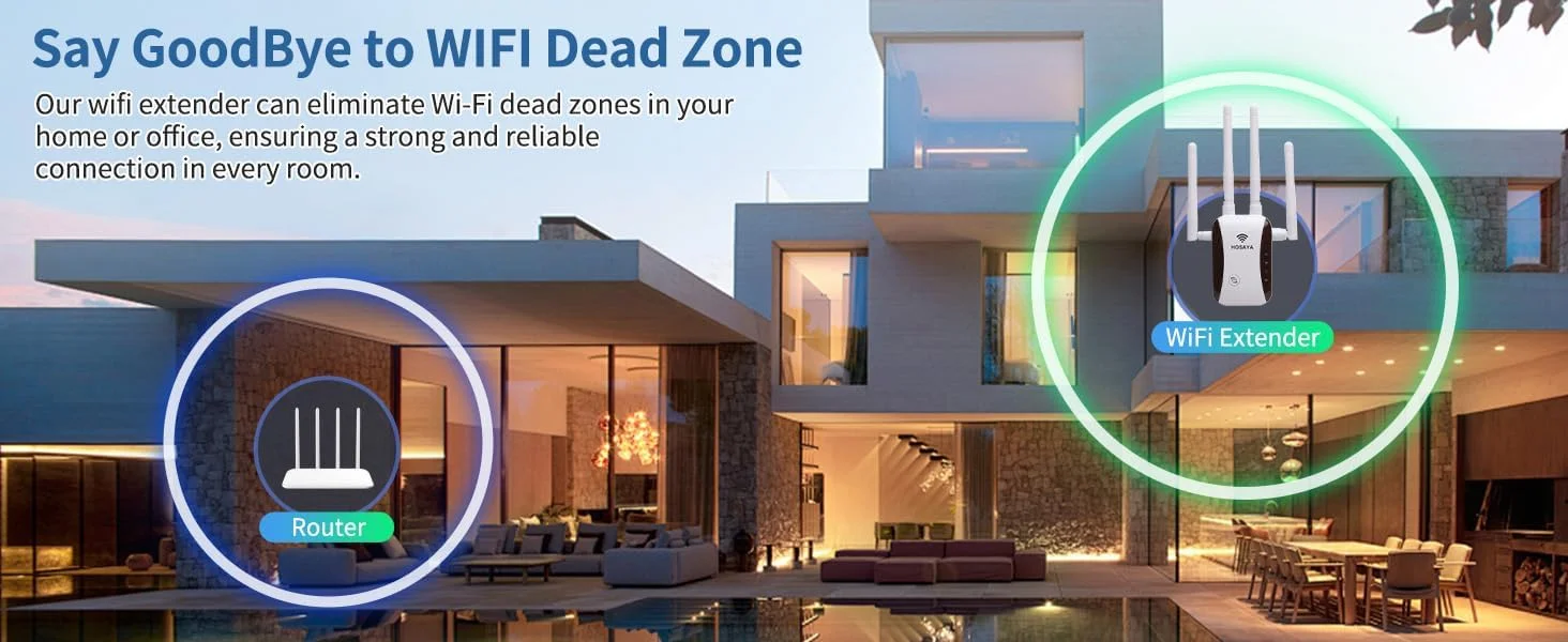 تقویت کننده سیگنال وای فای برای خانه تا 460 متر مربع و 40 دستگاه، دارای 4 آنتن خارجی وای فای، 1 پورت RJ45، WPS، نصب آسان با یک کلید