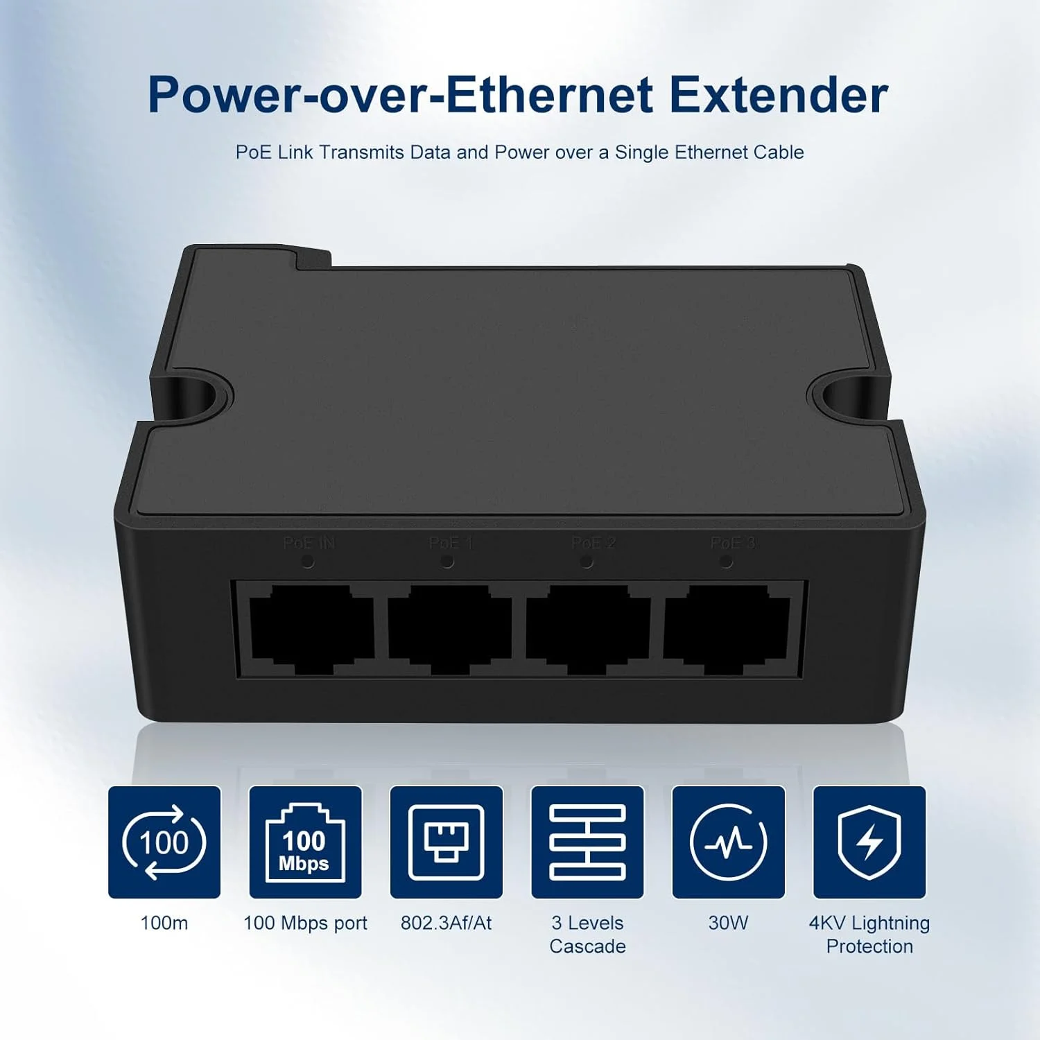 توسعه دهنده PoE گیگابیتی 4 پورت با 3 پورت خروجی PoE، سازگار با IEEE 802.3af/at، توان ورودی 30 وات، قابلیت نصب روی دیوار و ریل، Plug and Play (POE30E-100Mbps-30W)