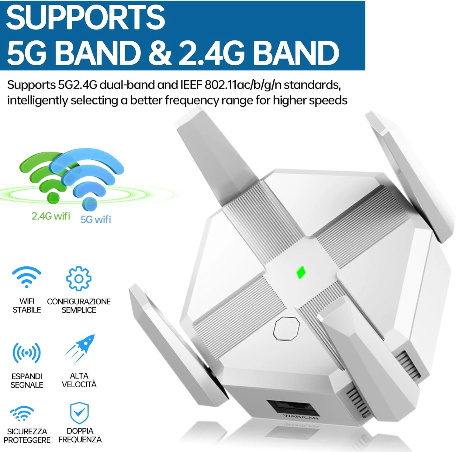 تقویت کننده WiFi عمومی، 1200 مگابیت بر ثانیه دو بانده 2.4G/5G تکرار کننده بی سیم اینترنت و تقویت کننده سیگنال، چهار آنتن پوشش کامل 360 درجه تقویت سیگنال قوی، دو حالت کاری، سفید