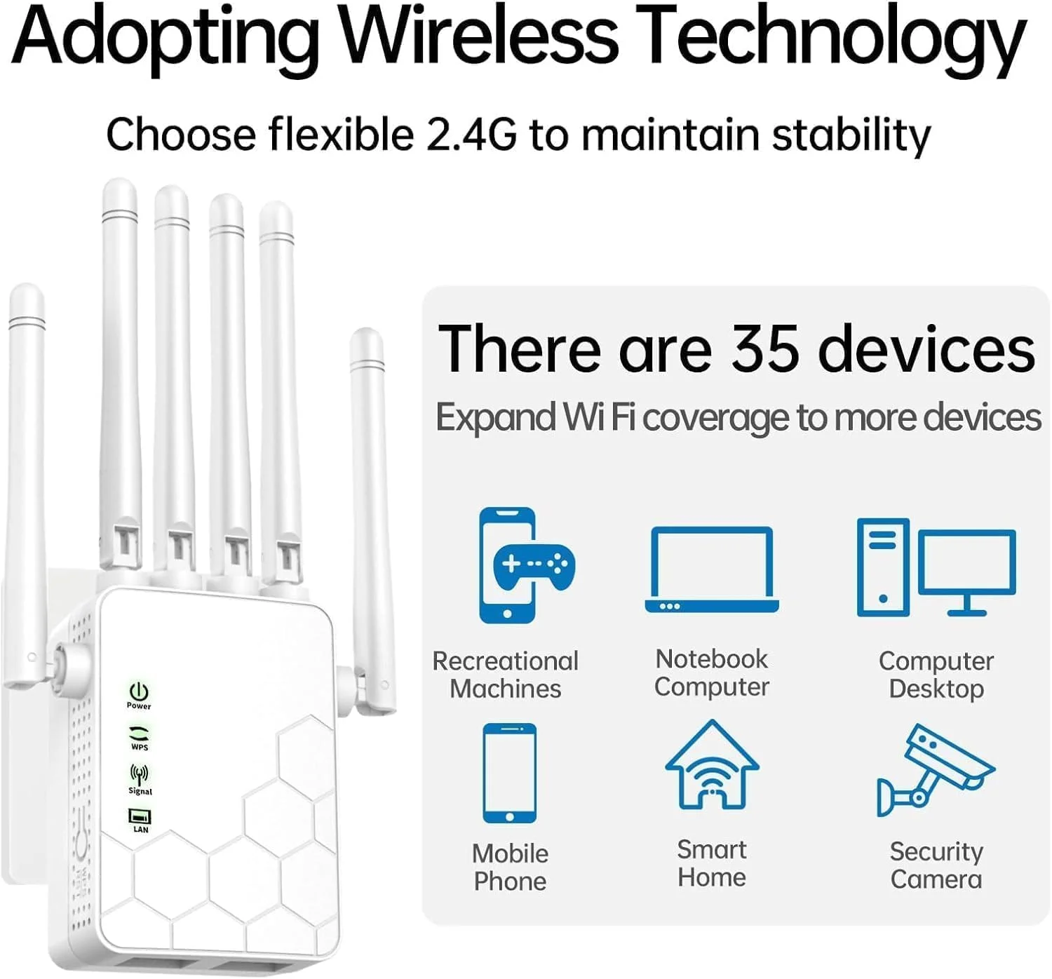 تقویت کننده سیگنال توسعه دهنده WiFi برای خانه برد بلند تا 1020 متر مربع برای 35+ دستگاه، توسعه دهنده اینترنت تقویت کننده WiFi، توسعه دهنده WiFi برد بلند، با 6 آنتن پوشش کامل 360 درجه پورت اترنت (سفید)