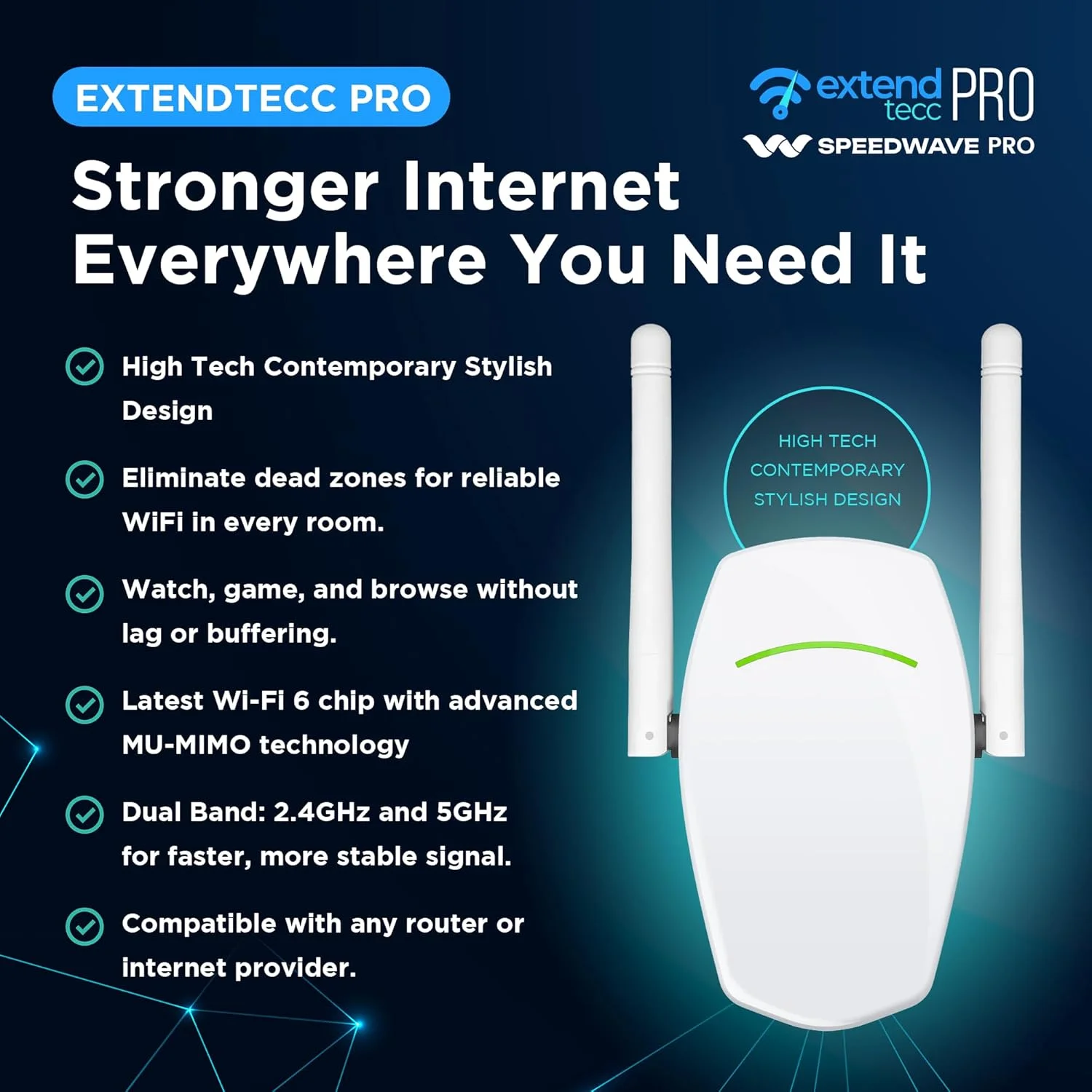 تقویت کننده سیگنال وای فای 6 ExtendTecc Pro | تقویت کننده دو بانده وای فای Cyber ​​WiFi با سرعت 1.8 گیگابیت در ثانیه، پوشش دهی تا 195 متر مربع و 64 دستگاه، تکرار کننده پلاگین با پورت اترنت، آنتن هوشمند وای فای