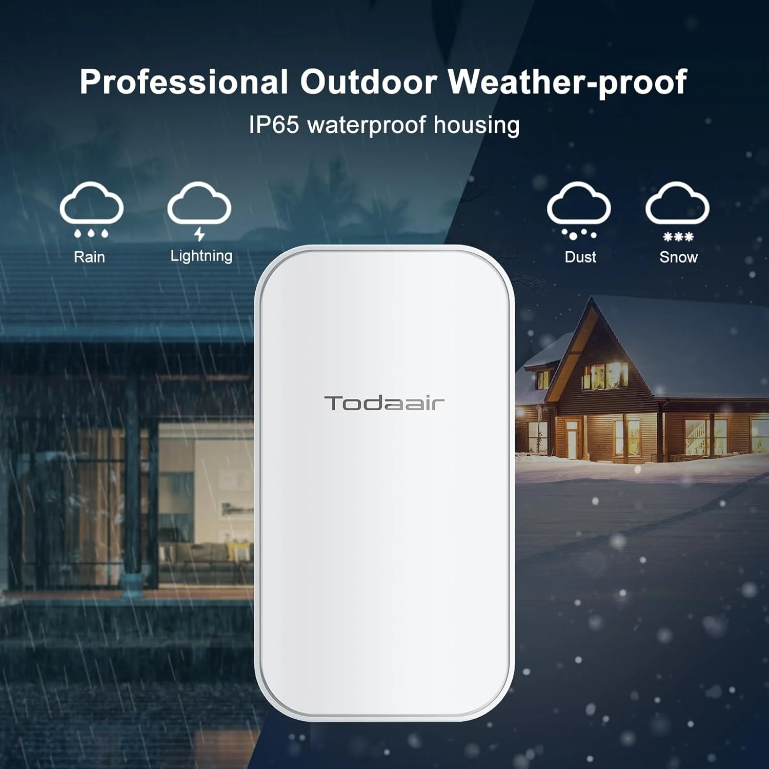 تقویت کننده سیگنال وای فای 2025، استاندارد IP65 مقاوم در برابر آب و هوا، سرعت انتقال AC1200Mbps، برد تا 90 متر و پشتیبانی از 30 دستگاه، دارای پورت اترنت، پشتیبانی از حالت های تکرار کننده و AP