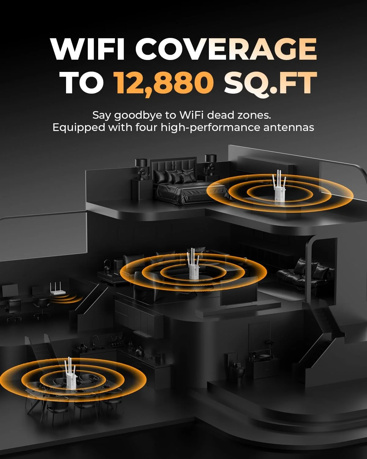 تقویت کننده سیگنال وای فای، پشتیبانی از 105 دستگاه، تقویت کننده سیگنال خانگی 1.2 گیگابیت بر ثانیه، دو بانده 5 گیگاهرتز/2.4 گیگاهرتز، پوشش دهی تا 1200 متر مربع، سازگار با EasyMesh، دارای یک پورت اترنت