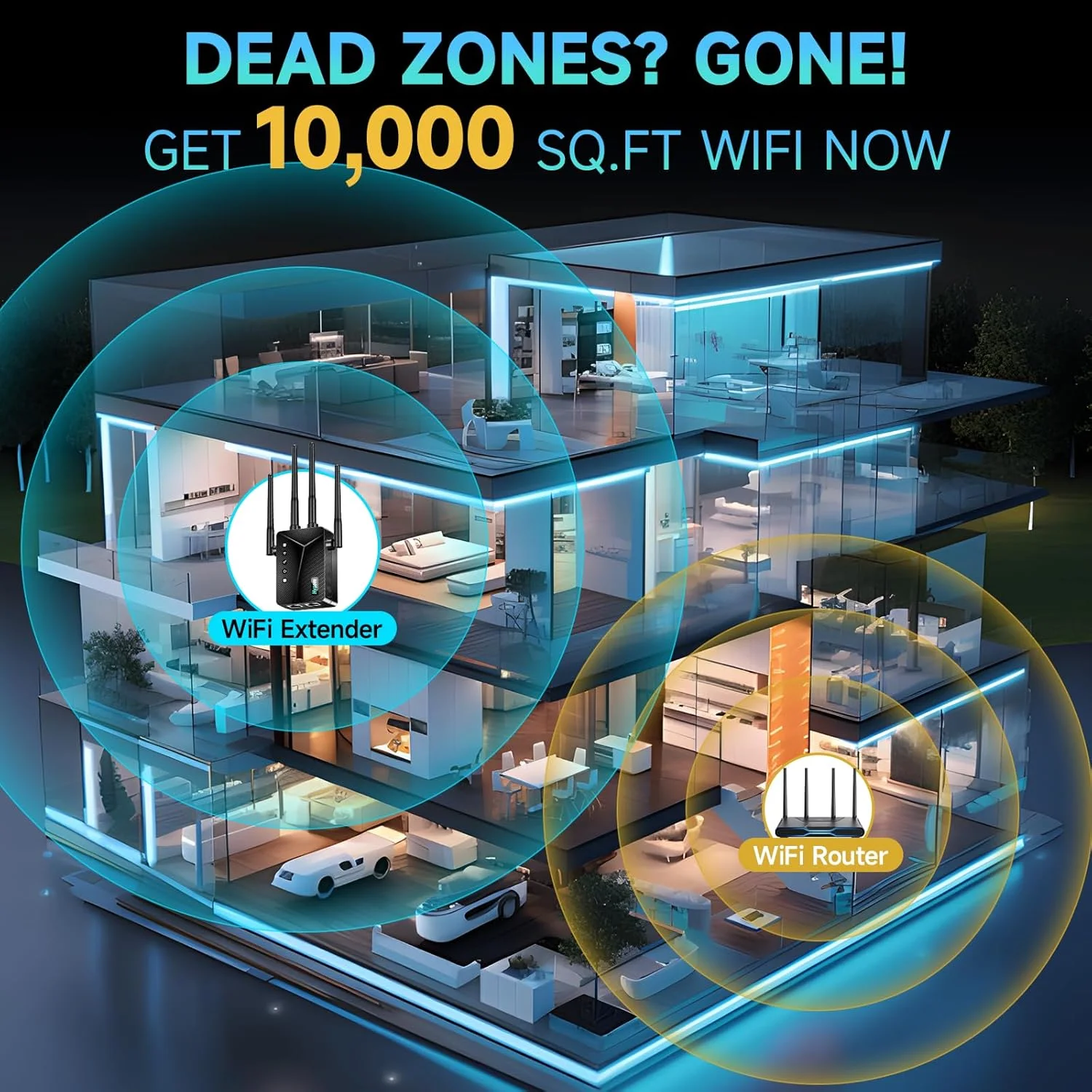 تقویت کننده سیگنال WiFi برای کل خانه و حیاط پشتی - پوشش 10K Sq.Ft با 4 آنتن | تقویت کننده اینترنت 90٪ سریعتر با پورت اترنت، تکرار کننده بی سیم با راه اندازی آسان با هر روتر