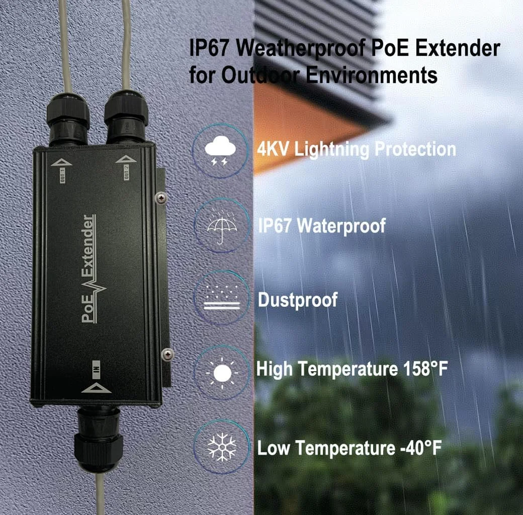 توسعه دهنده PoE گیگابیتی 2 کاناله، مناسب فضای باز، 2 پورت خروجی PoE، ضد آب IP67، سرعت 10/100/1000 مگابیت بر ثانیه، قابلیت نصب روی دیوار، مطابق با استاندارد IEEE 802.3af/at/bt، تکرار کننده/تقویت کننده/تقویت کننده PoE 90 واتی برای دوربین های IP، تلفن VoIP