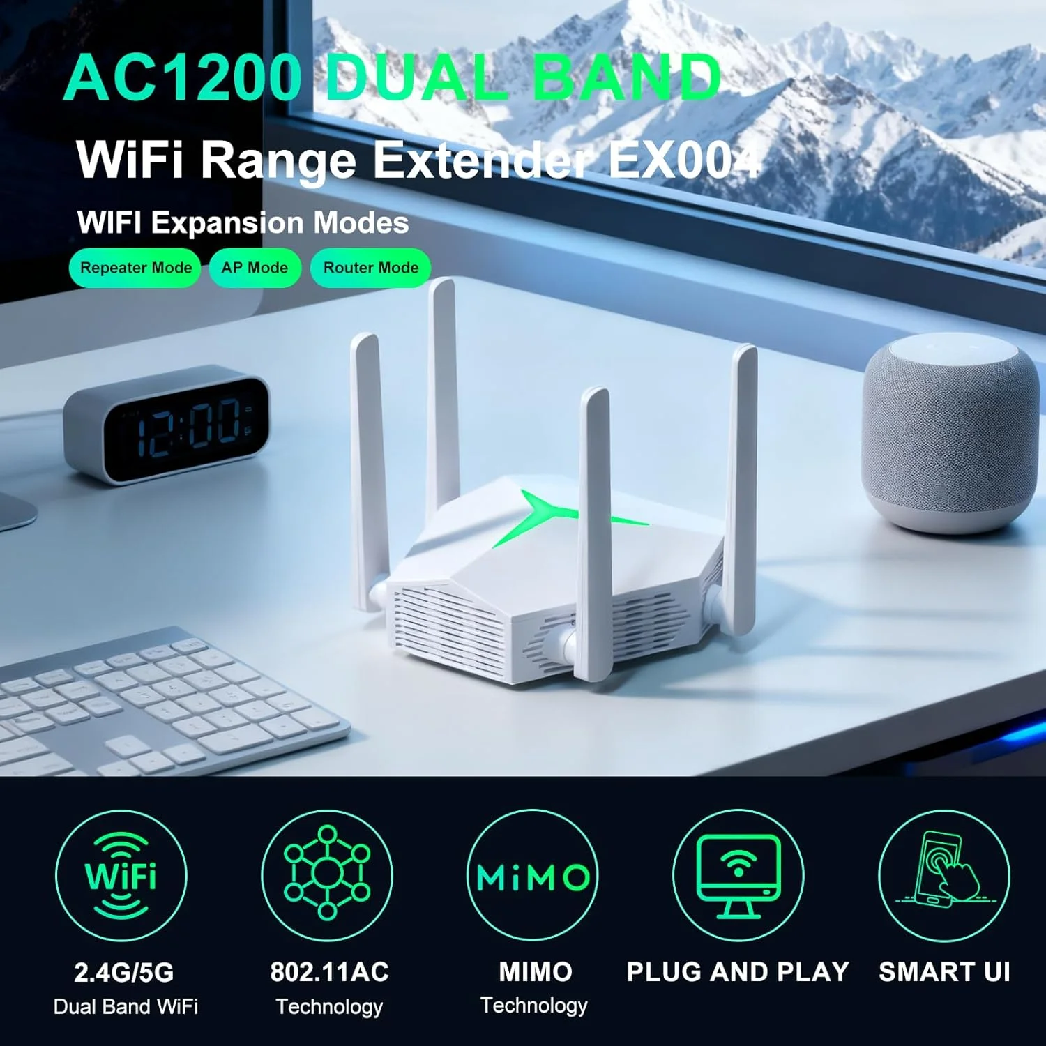 تقویت کننده وای فای AC1200 مدل 2025، تکرار کننده وای فای دو بانده 5 گیگاهرتز/2.4 گیگاهرتز USB با 3 حالت و 2 پورت اترنت، پوشش تا 12000 فوت مربع، تقویت کننده سیگنال اینترنت EX004 برای کل خانه، پلاگین و پخش (سفید)