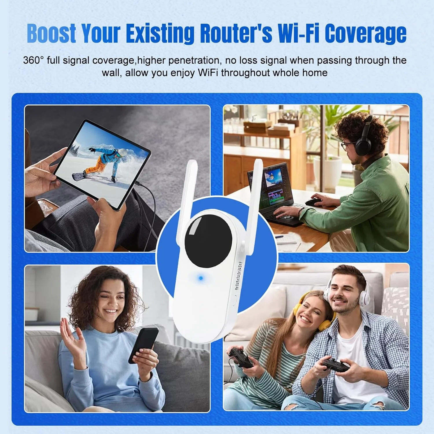 تقویت کننده سیگنال وای فای برای منزل، تقویت کننده وای فای، تکرار کننده وای فای با پورت اترنت، پوشش تا 830 متر مربع و 30 دستگاه، مناسب آپارتمان، زیرزمین، اداره و خانه