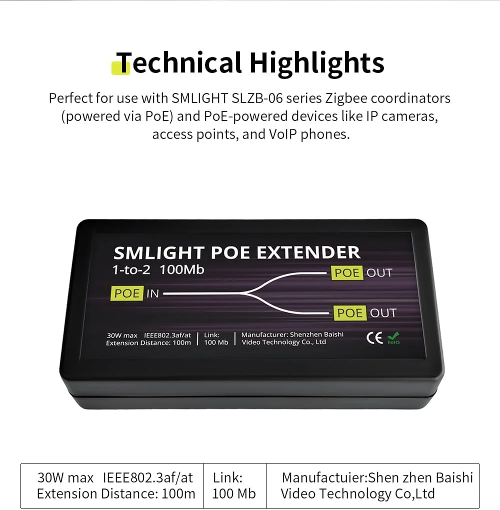 توسعه دهنده POE اسمالایت، توسعه دهنده 1 به 2 پورت POE+، 100 متر، سازگار با استاندارد IEEE 802.3af/at، لوازم جانبی 10-100Mbp SLZB برای سری SLZB-06/MR