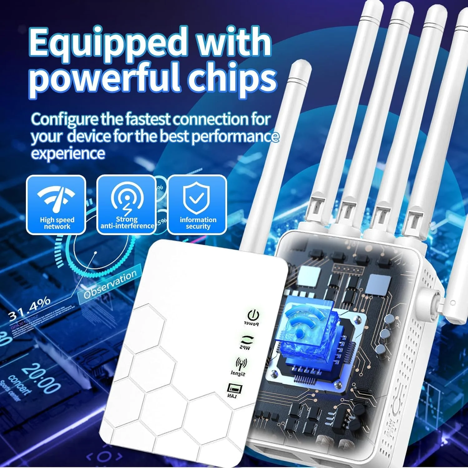 تقویت کننده سیگنال وای فای/تکرار کننده جدید 2025، تکرار کننده وای فای با پورت اترنت، 6 آنتن پوشش کامل 360 درجه 11800 فوت مربع برای 35+ دستگاه، تنظیمات با یک کلیک