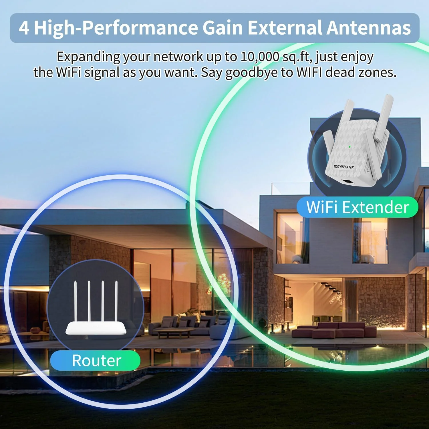 تقویت کننده سیگنال WiFi، تکرار کننده بی سیم اینترنت برای پوشش خانگی تا 930 متر مربع و 35 دستگاه، تقویت کننده WiFi 1200 مگابیت بر ثانیه با پورت اترنت، دو باند 2.4G/5G، 4 آنتن (خاکستری)