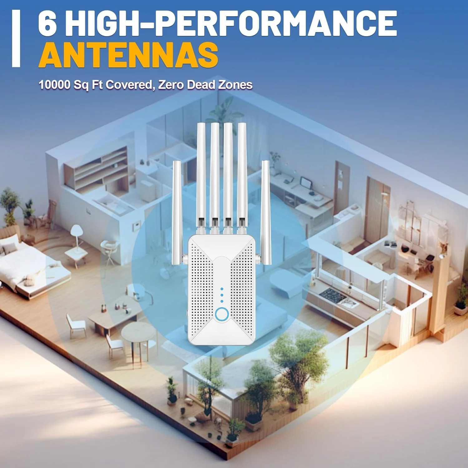 تقویت کننده WiFi، تکرار کننده WiFi، تقویت کننده سیگنال WiFi، تقویت کننده اینترنت WiFi، 6 آنتن، پوشش 10000 فوت مربع، نصب آسان، سرعت اینترنت پایدار و سریع، مناسب برای خانه و شرکت