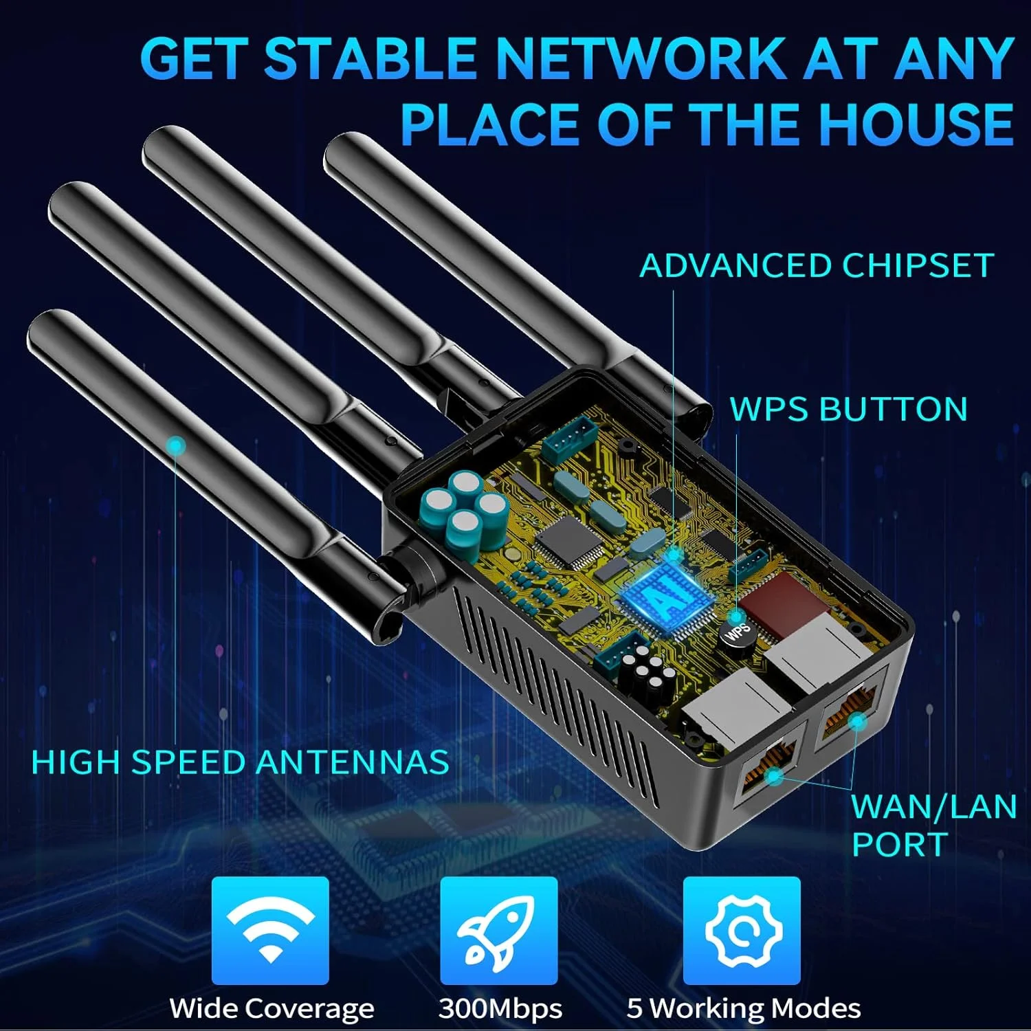 تقویت کننده WiFi 2024، تقویت کننده سیگنال WiFi اینترنت پوشش تا 767 متر مربع برای خانه، تکرار کننده بی سیم برد بلند و تقویت کننده سیگنال با پورت اترنت