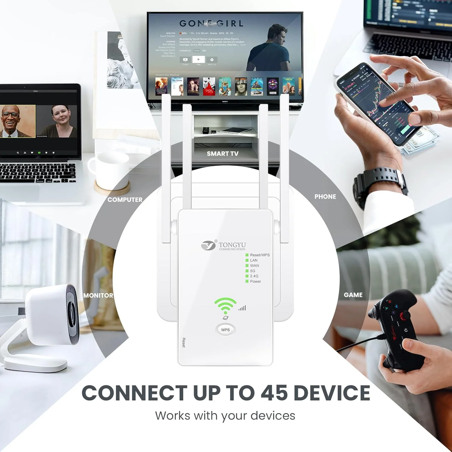 تقویت کننده اینترنت وای فای 1200 مگابیت بر ثانیه Tongyu برای منزل با پورت اترنت AC1200 دو بانده 5 گیگاهرتز/2.4 گیگاهرتز، تکرار کننده بی سیم، تقویت کننده سیگنال، پوشش کامل 740 متر مربع و 45 دستگاه